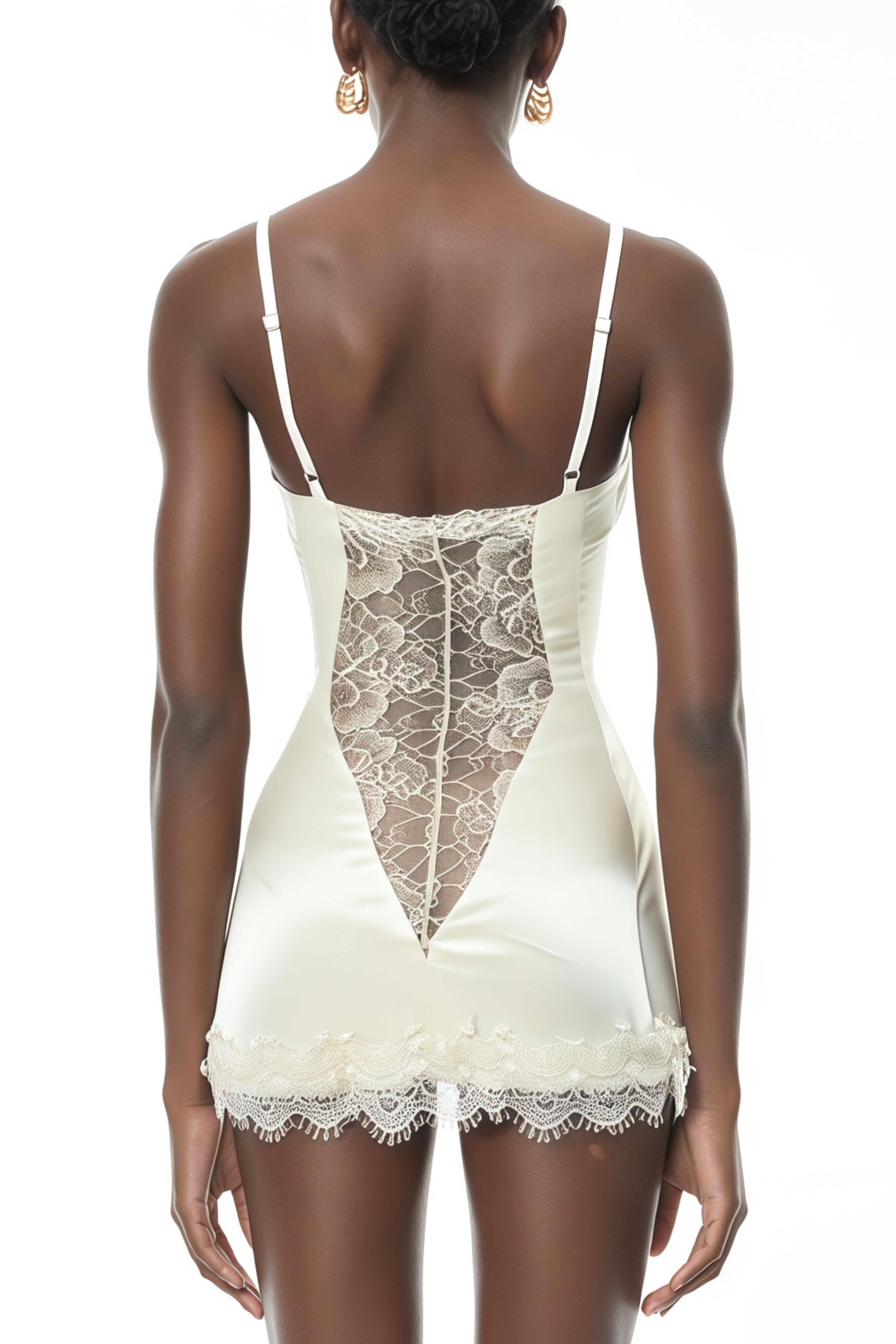White satin corset mini dress with lace inserts and trim