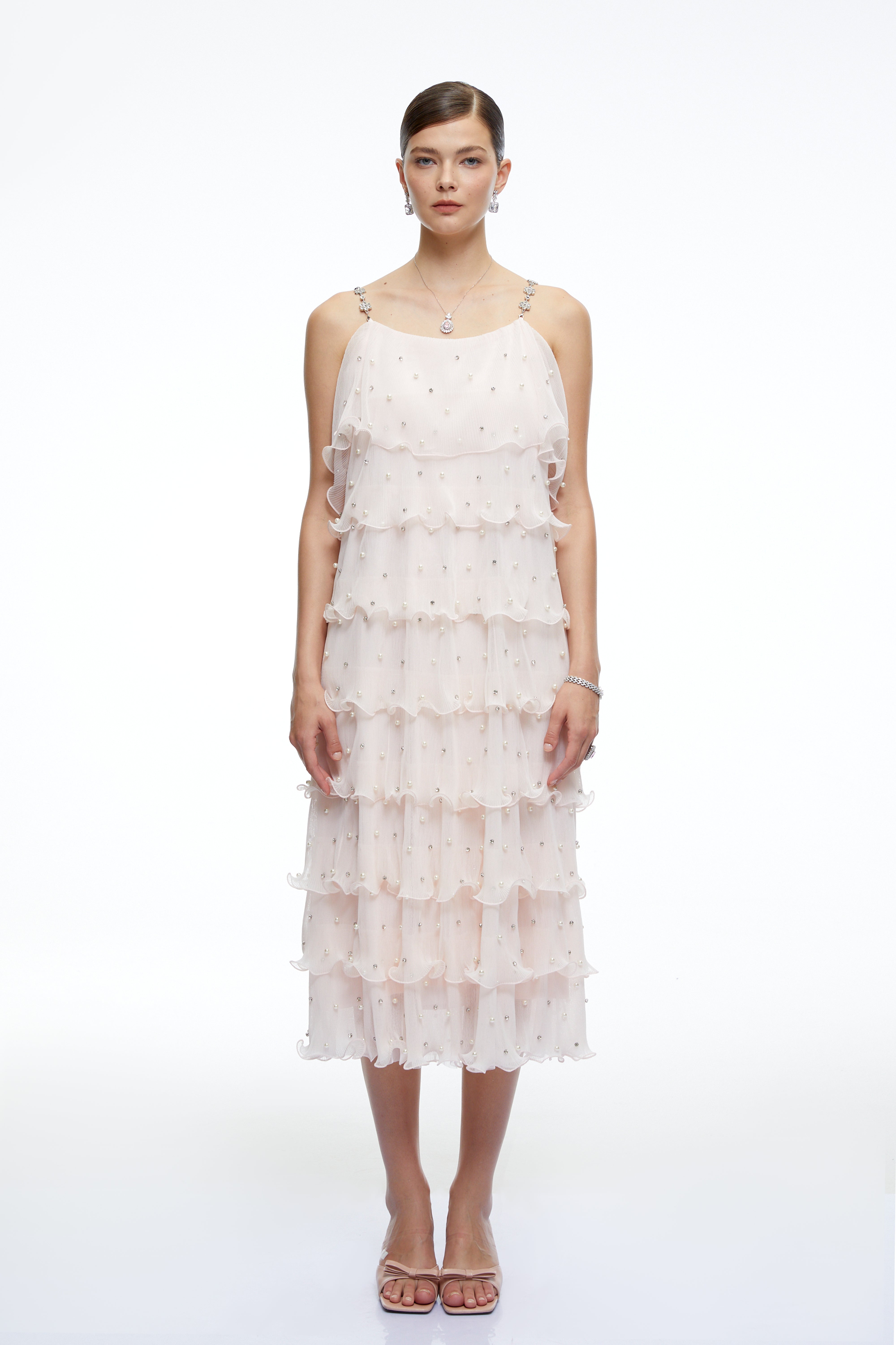 Robe mi-longue à volants « Juliette Pink Pearl » ornée de perles