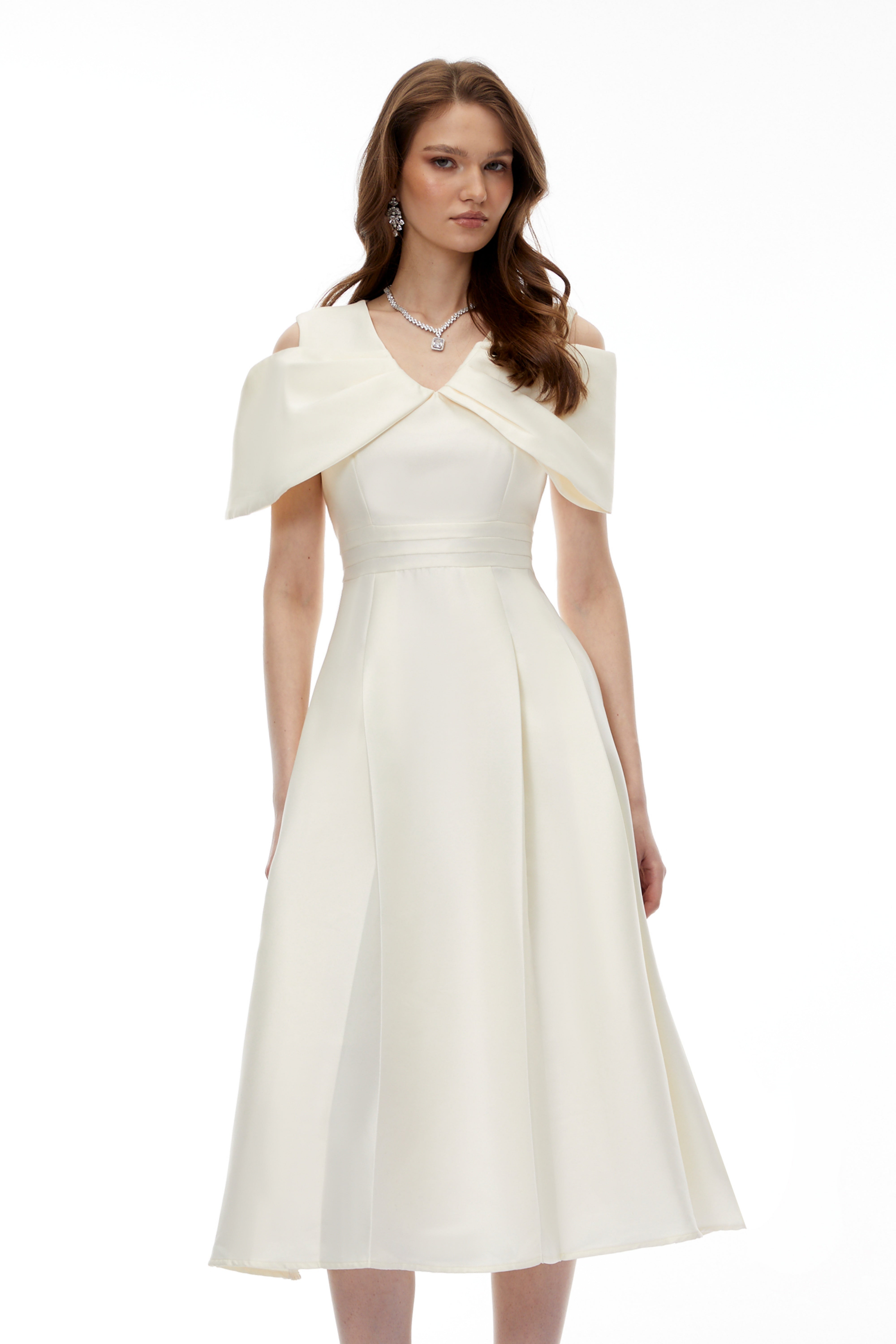 Juniper Champagne V-Neck Satin Midi Dress with Bow Detail (Final Sale-US Only)