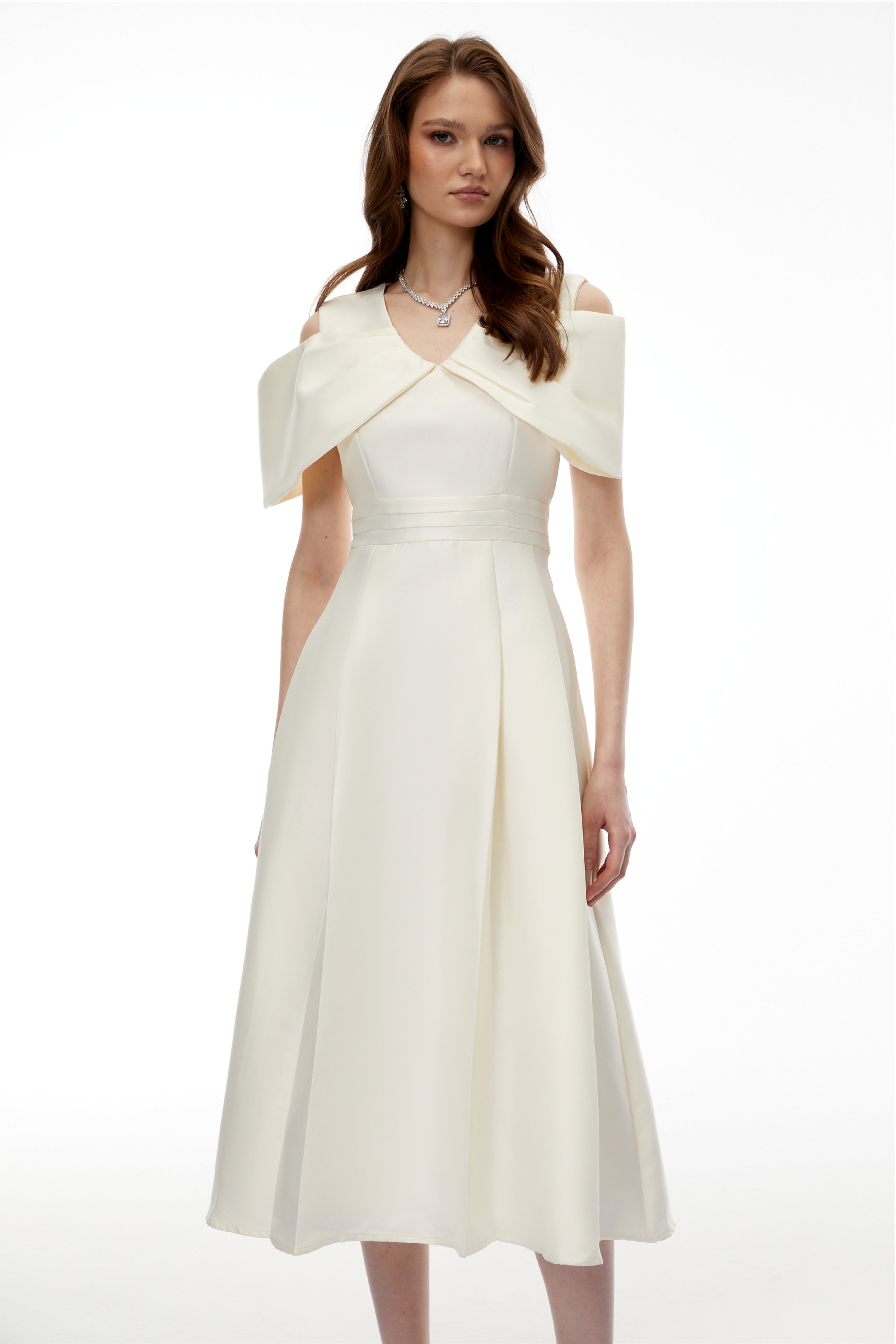 Juniper Champagne V-Neck Satin Midi Dress with Bow Detail (Final Sale-US Only)
