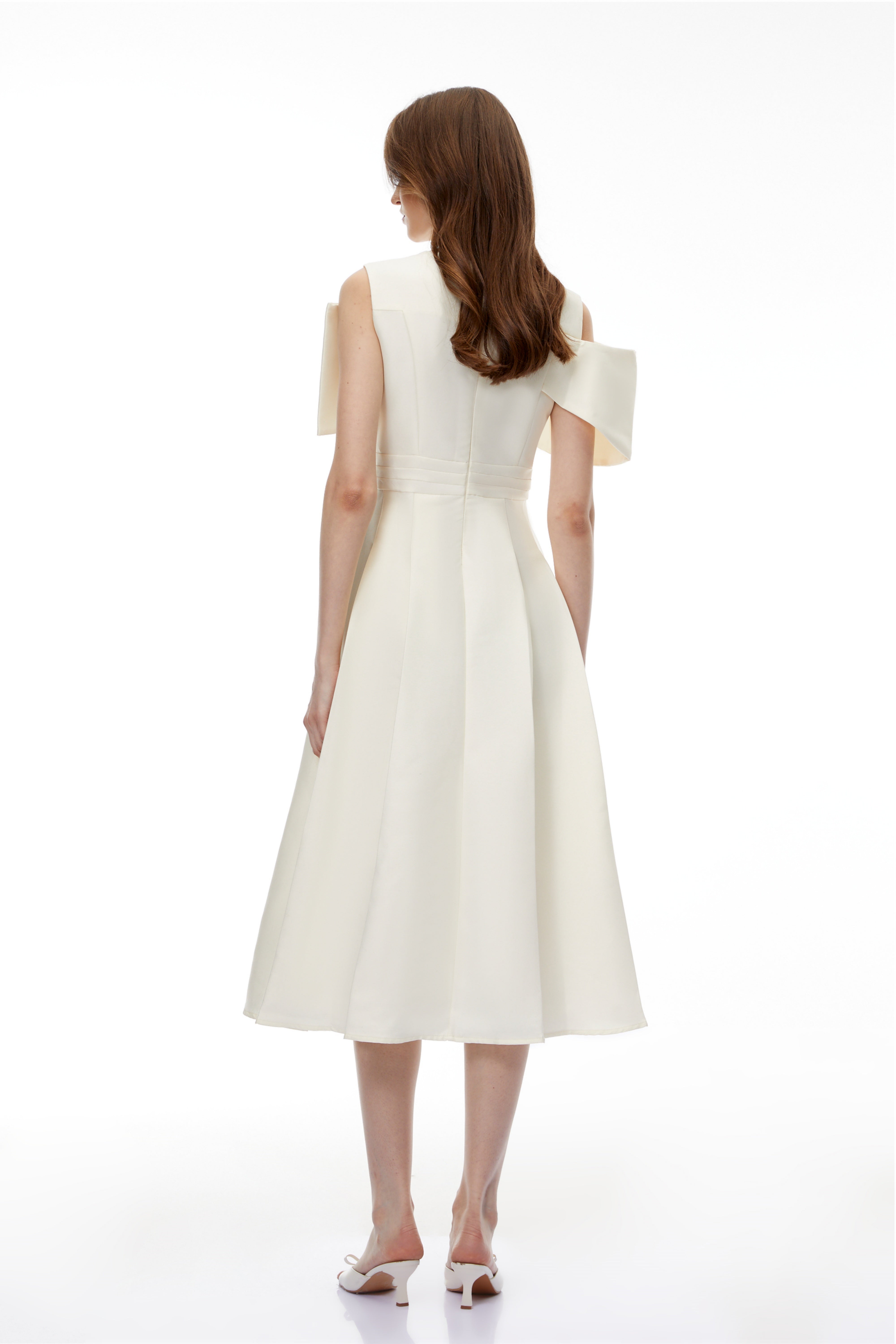 Juniper Champagne V-Neck Satin Midi Dress with Bow Detail (Final Sale-US Only)