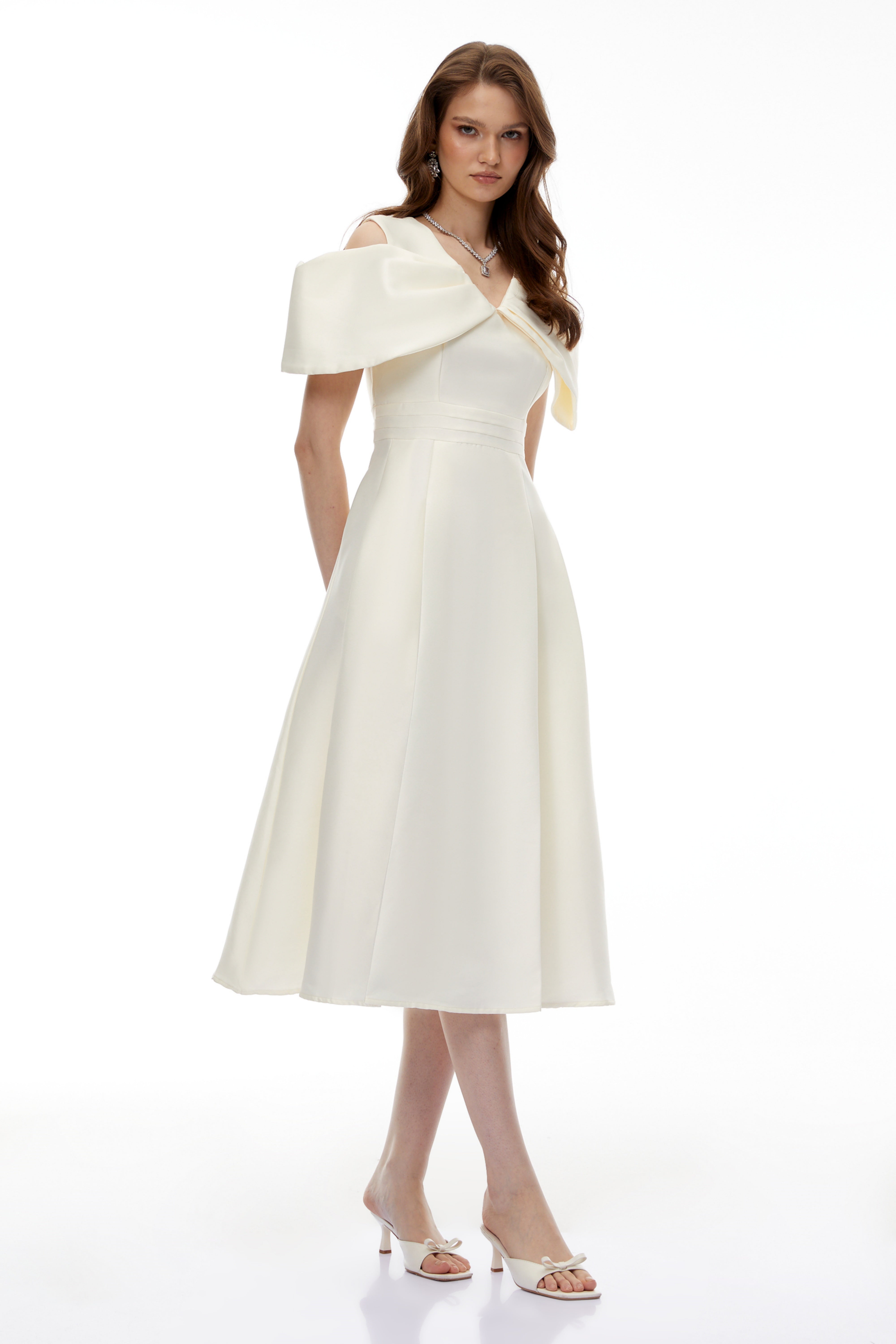 Juniper Champagne V-Neck Satin Midi Dress with Bow Detail (Final Sale-US Only)