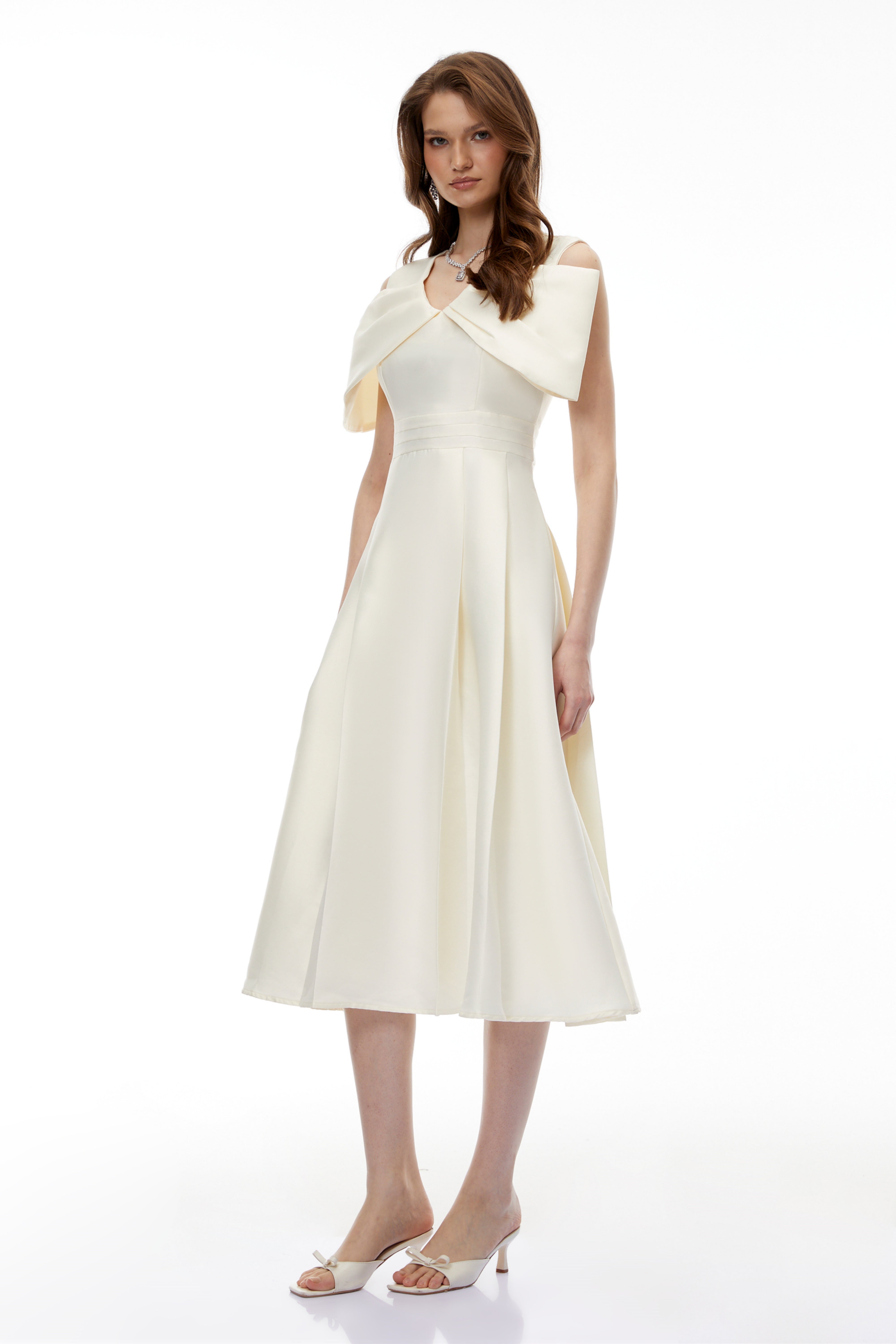 Juniper Champagne V-Neck Satin Midi Dress with Bow Detail (Final Sale-US Only)