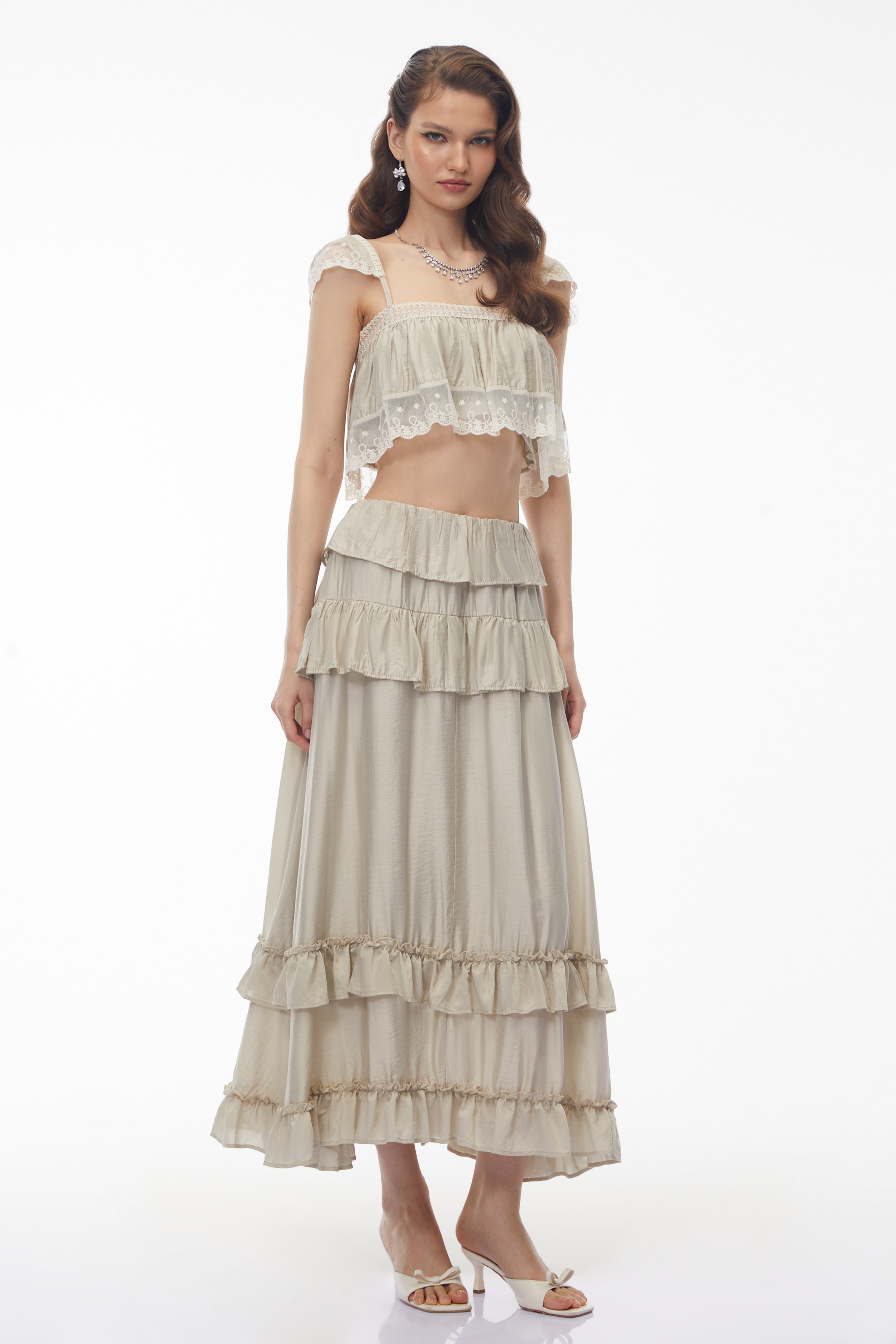 Juturna Apricot-Grey Crop Top & Ruffled Skirt Set (Final Sale-US Only)