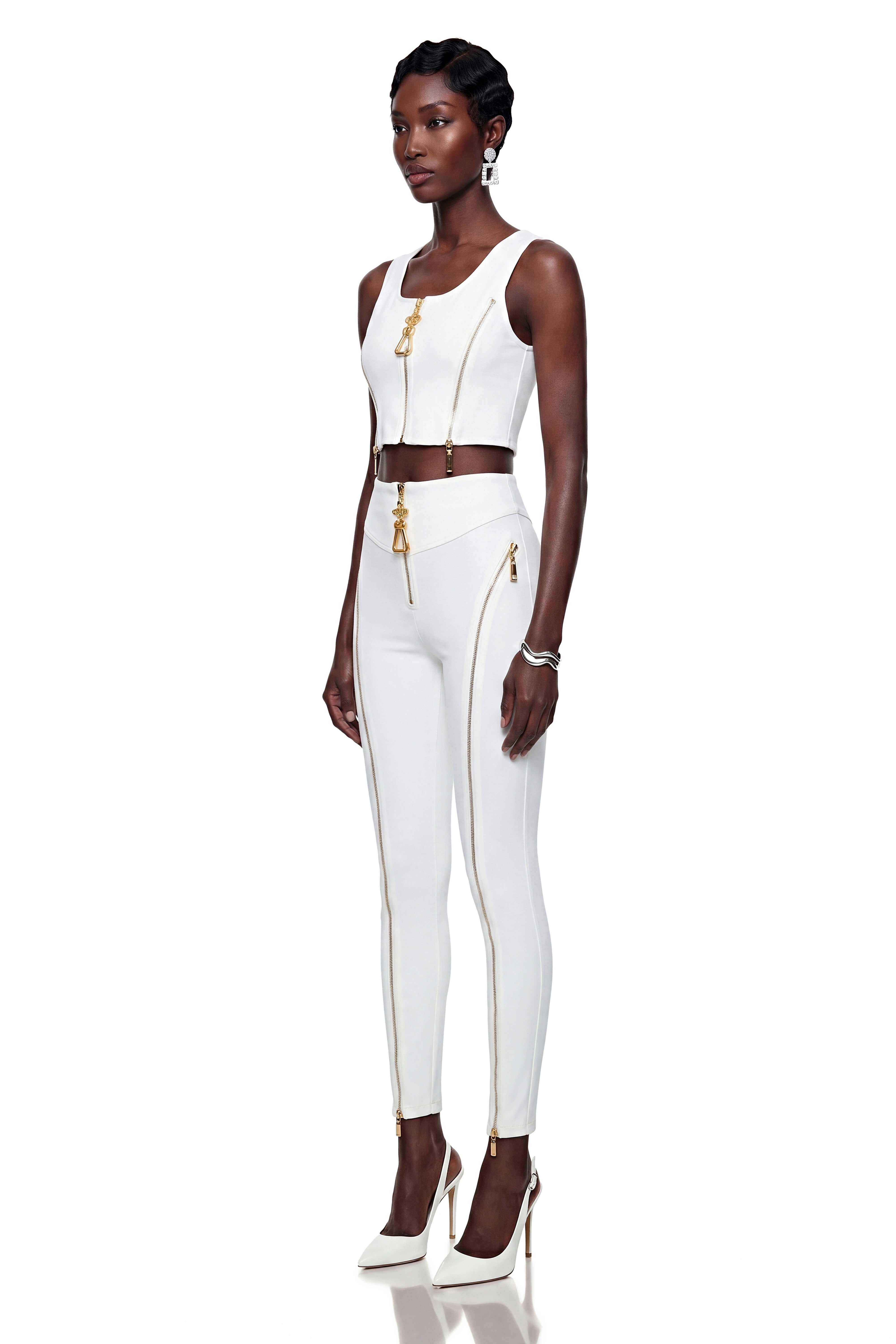 Juturna White Crop Top & Trouser Set with Zip Detail