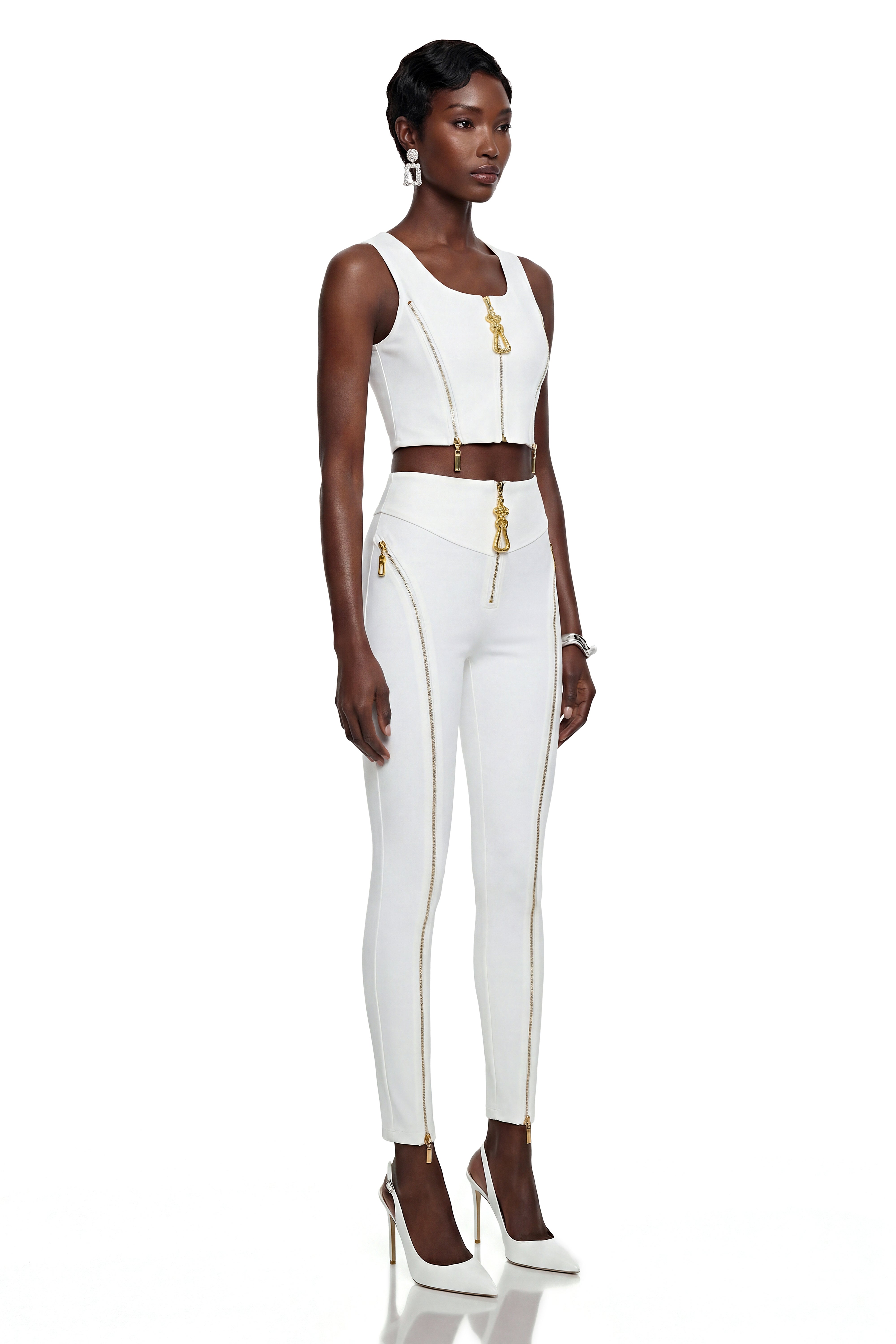 Juturna White Crop Top & Trouser Set with Zip Detail