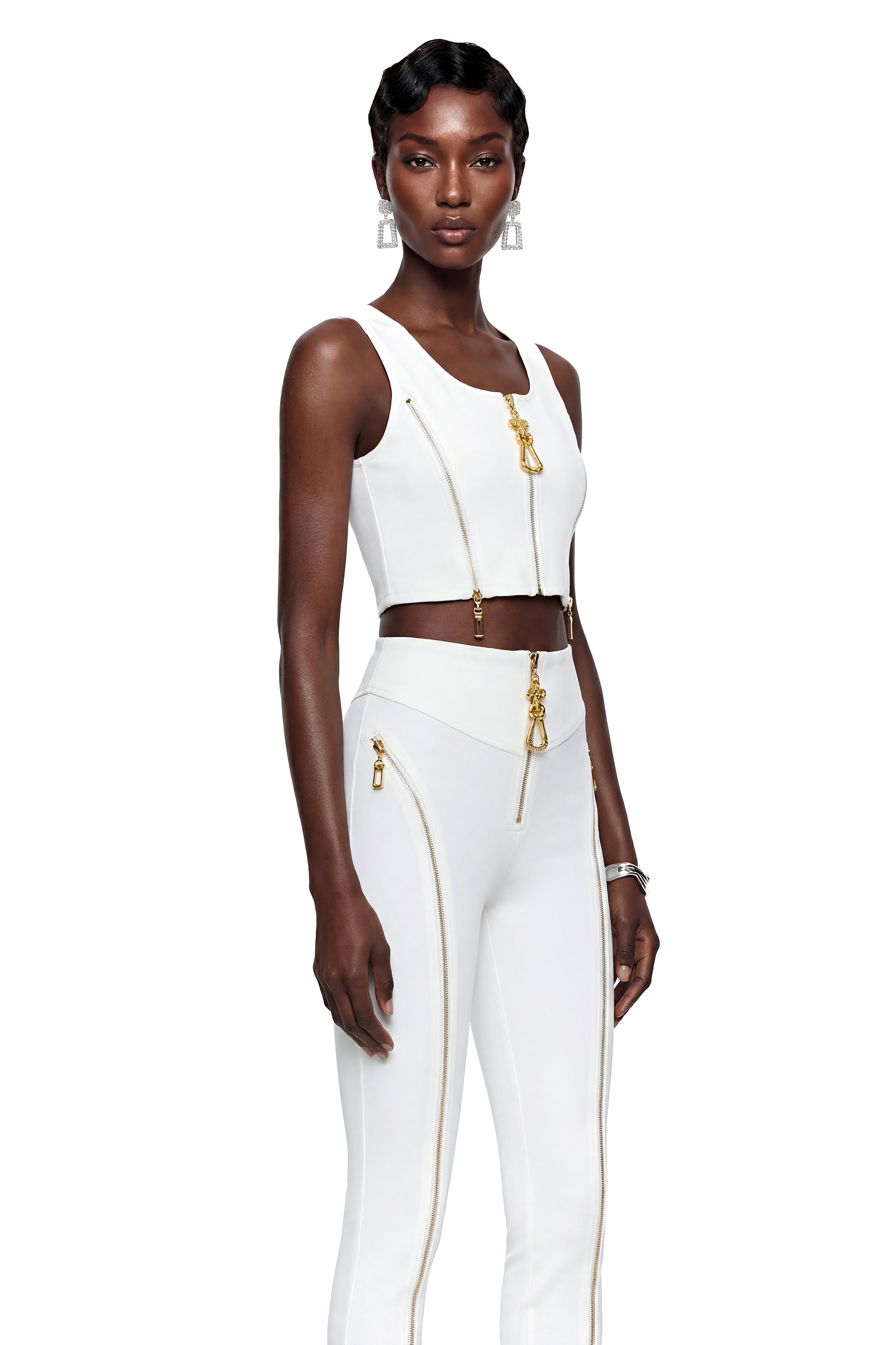 Juturna White Crop Top & Trouser Set with Zip Detail