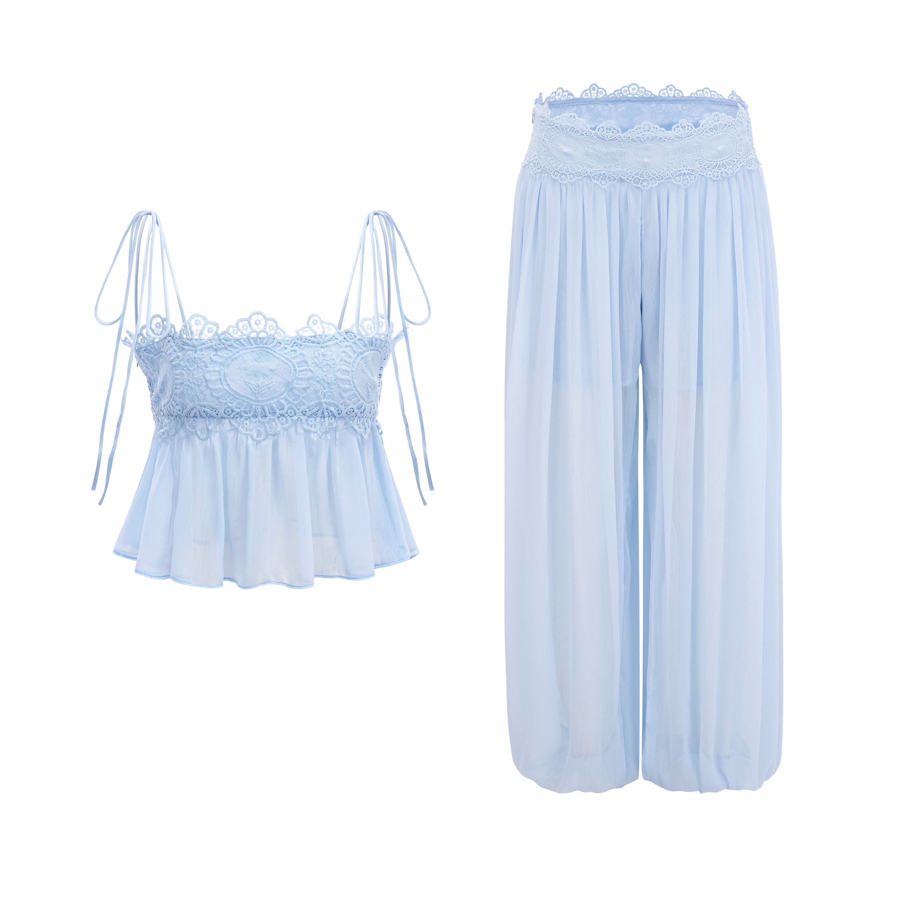 Kamila Blue Lace Trim Ruched Top & Trouser Set