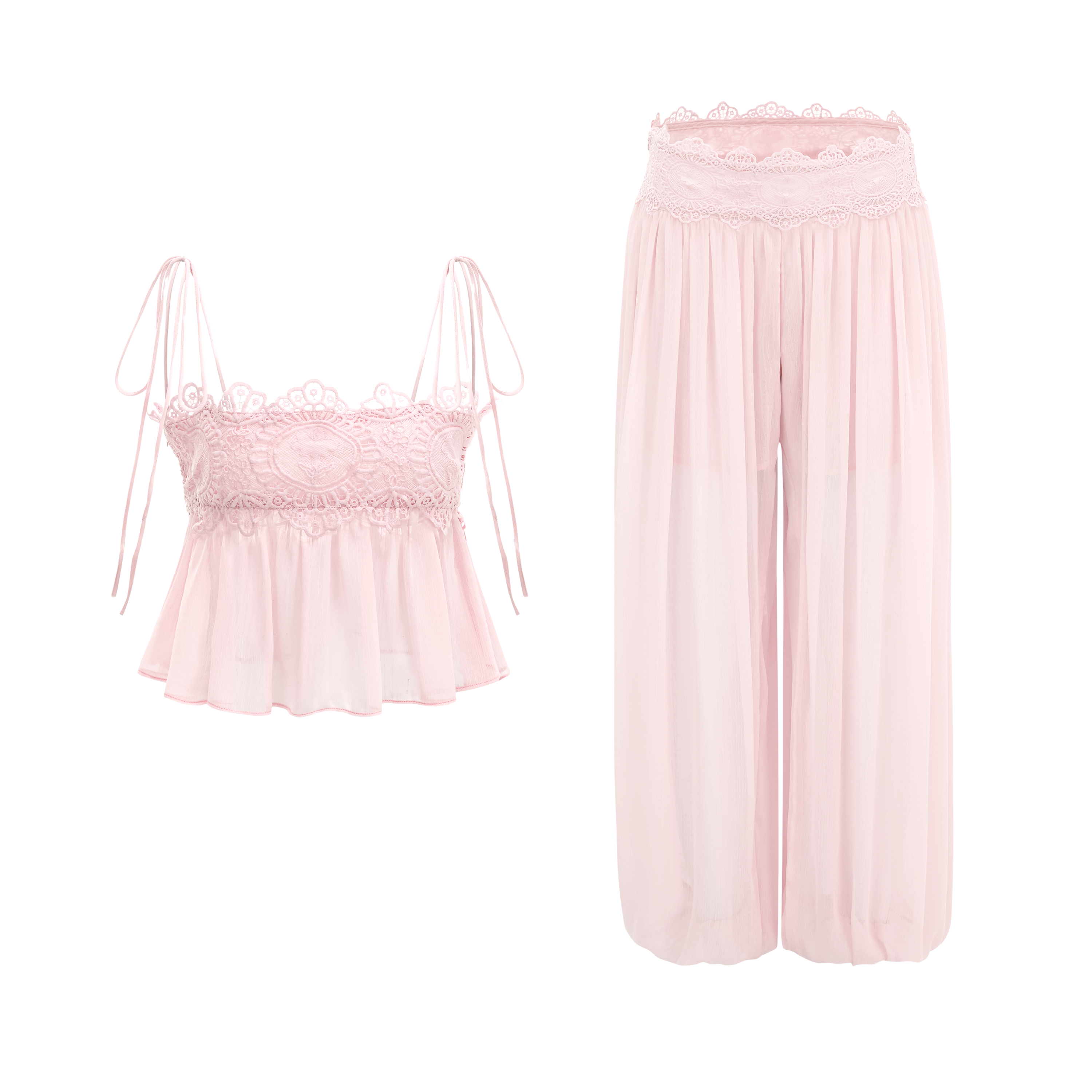 Kamila Pink Lace Trim Ruched Top & Trouser Set