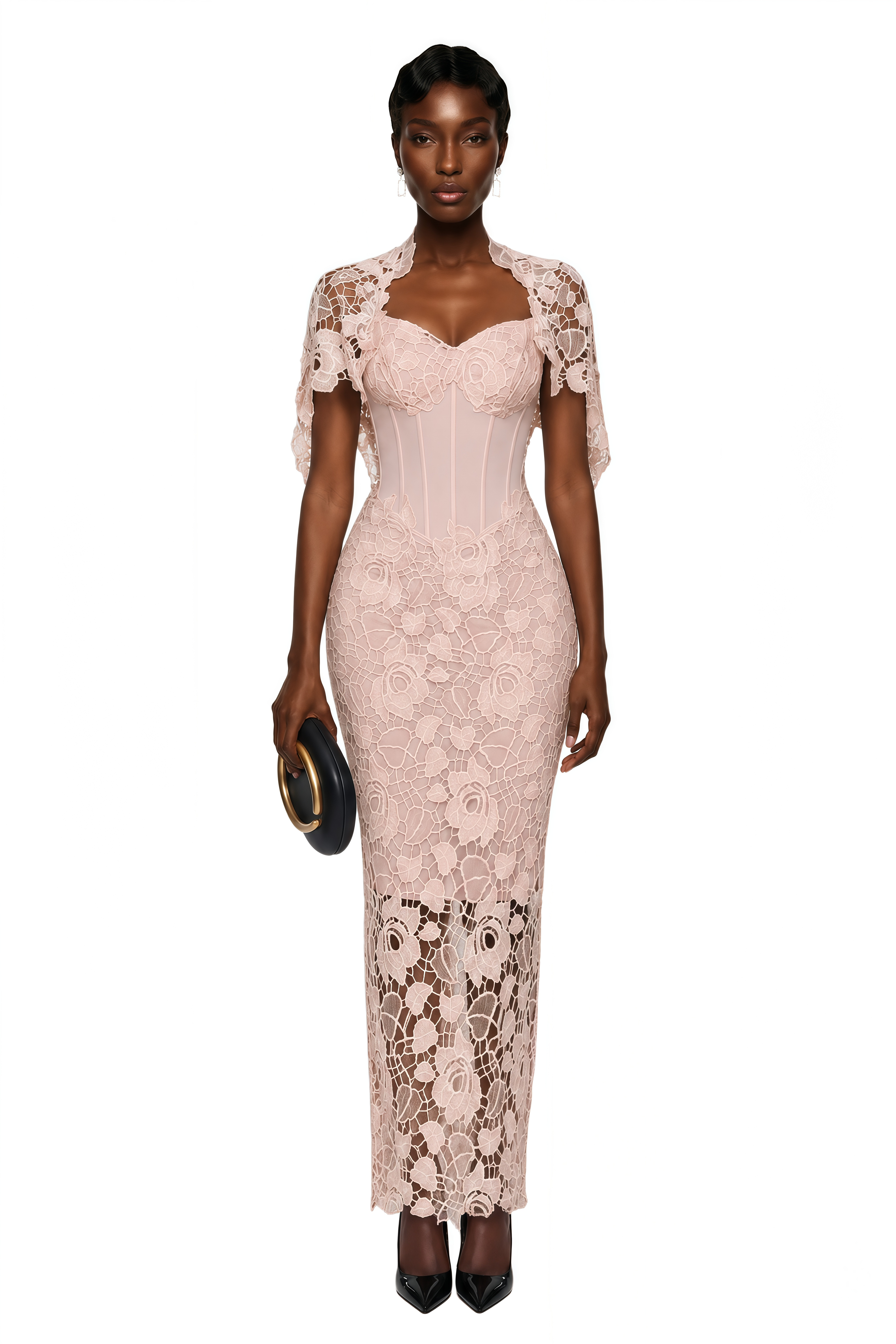 Blush pink lace maxi dress with a structured corset bodice, sweetheart neckline, and short cape overlay