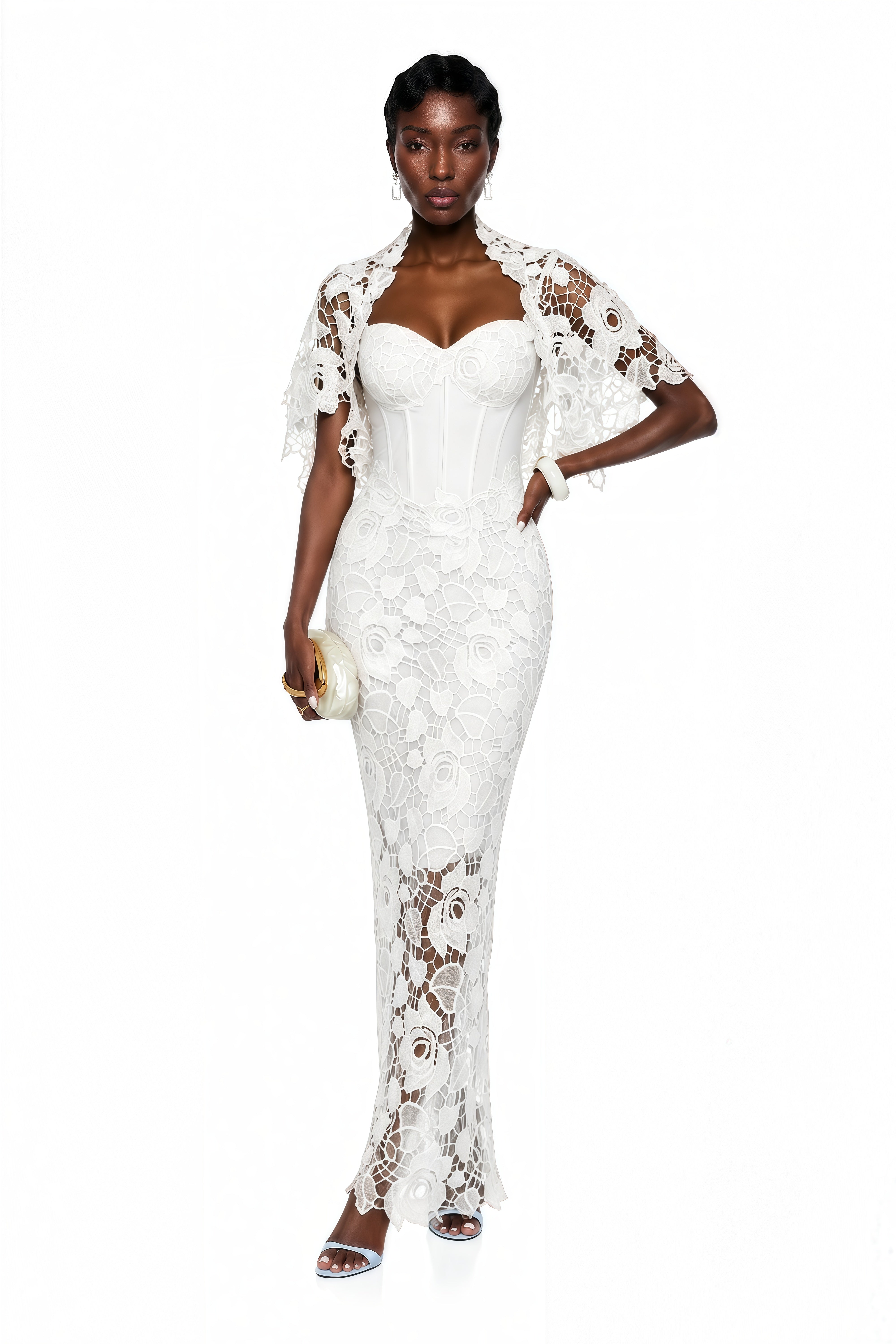 White lace corset maxi dress with a matching capelet
