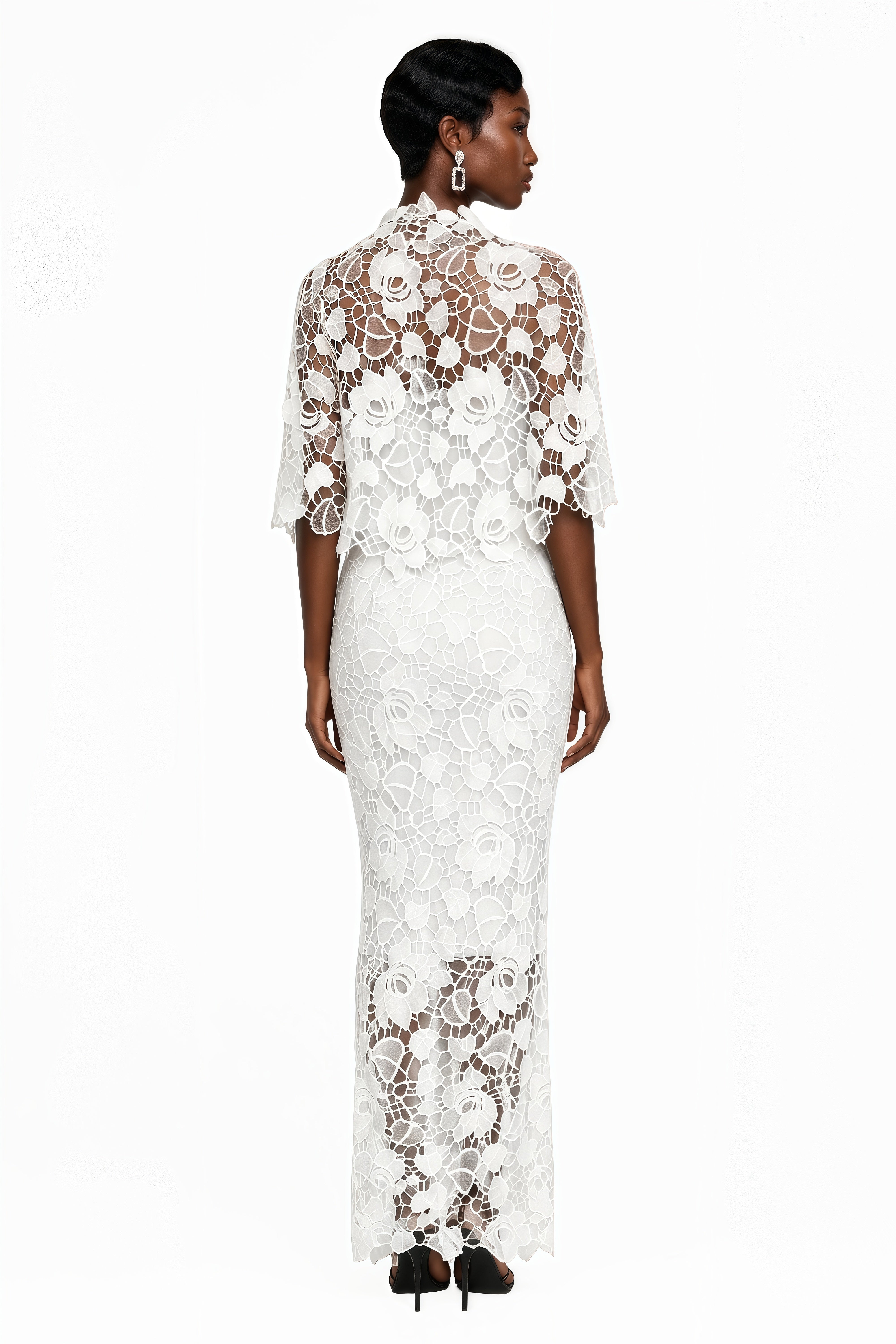 White lace corset maxi dress with a matching capelet