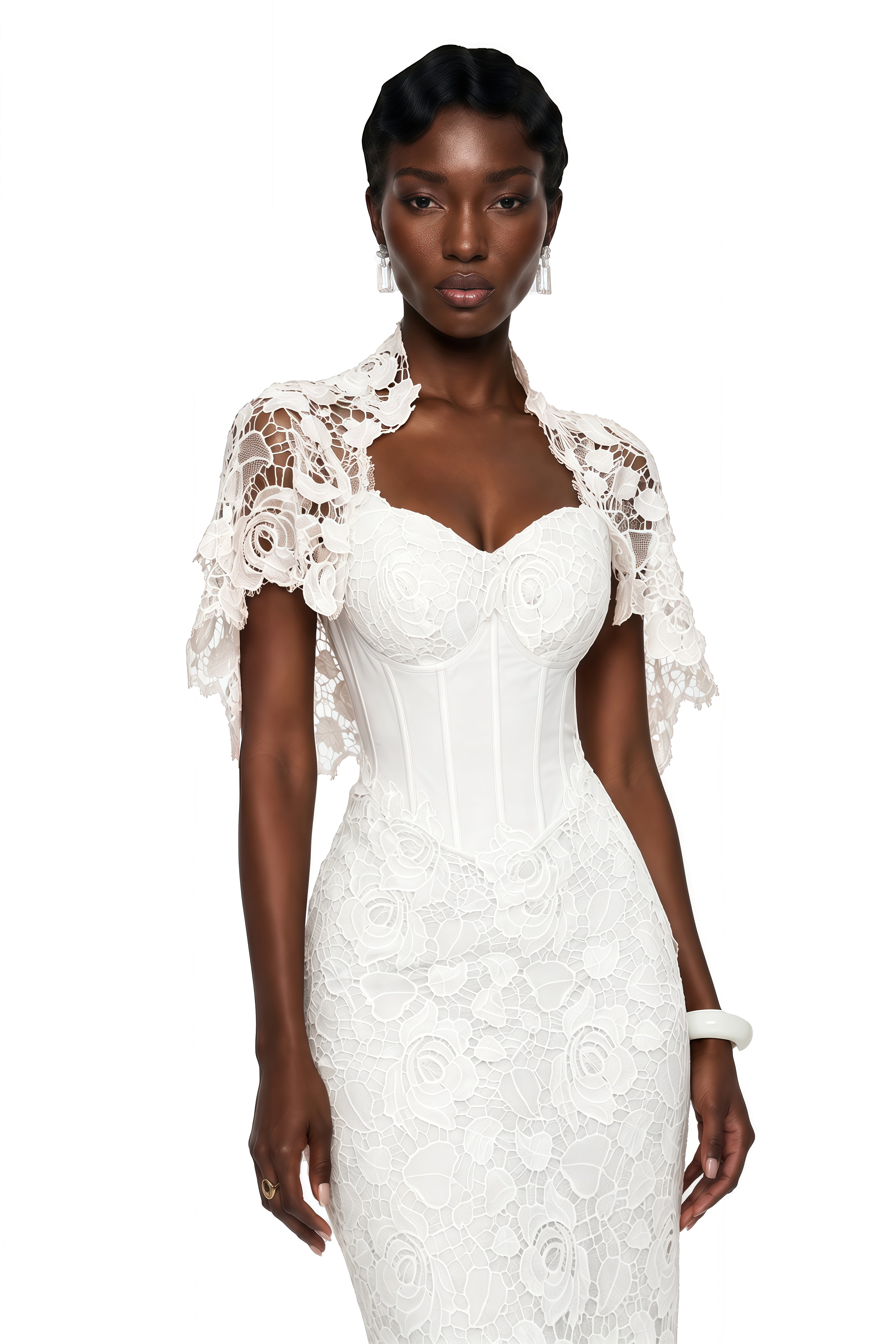 White lace corset maxi dress with a matching capelet