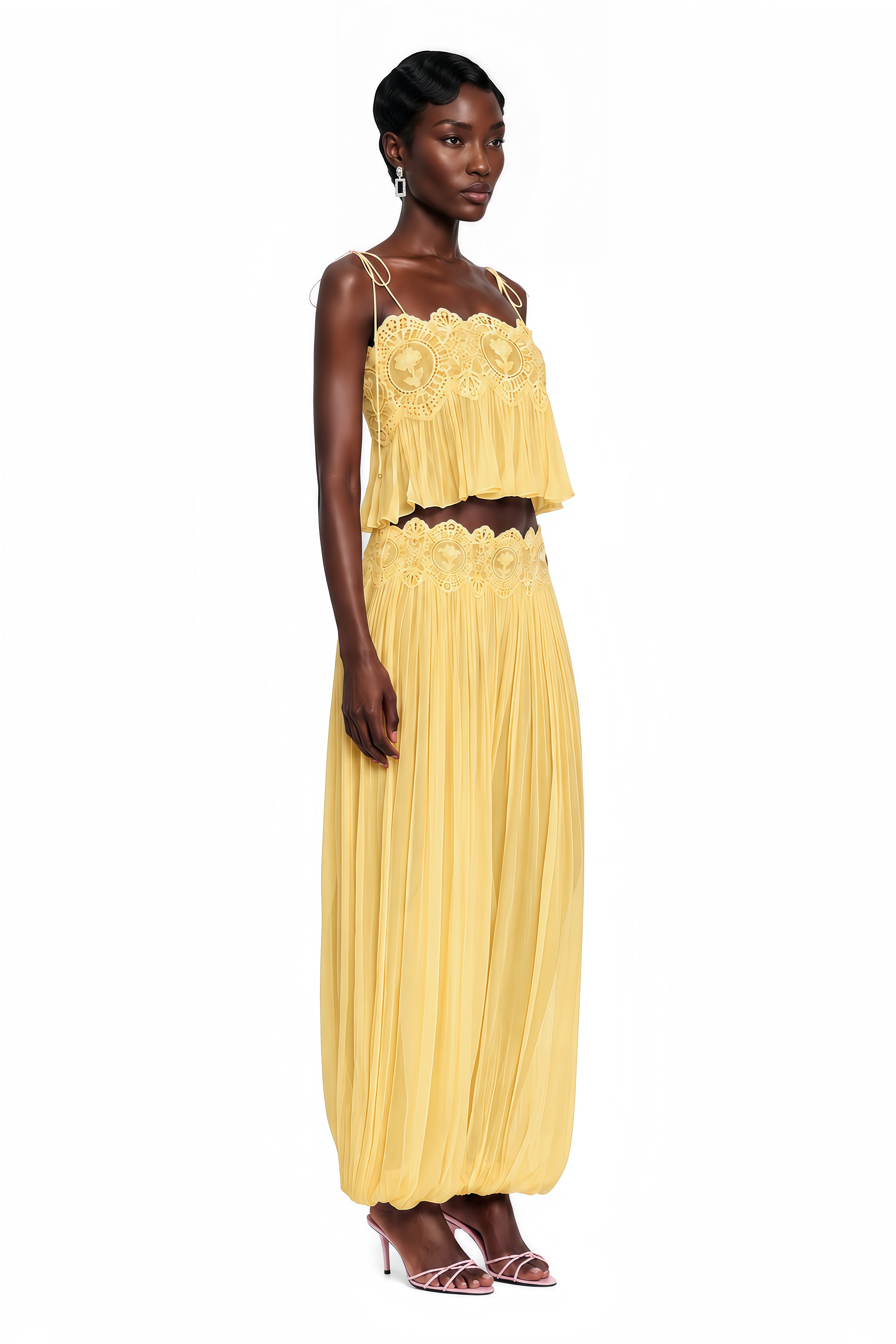Kamila Yellow Lace Trim Ruched Top & Trouser Set