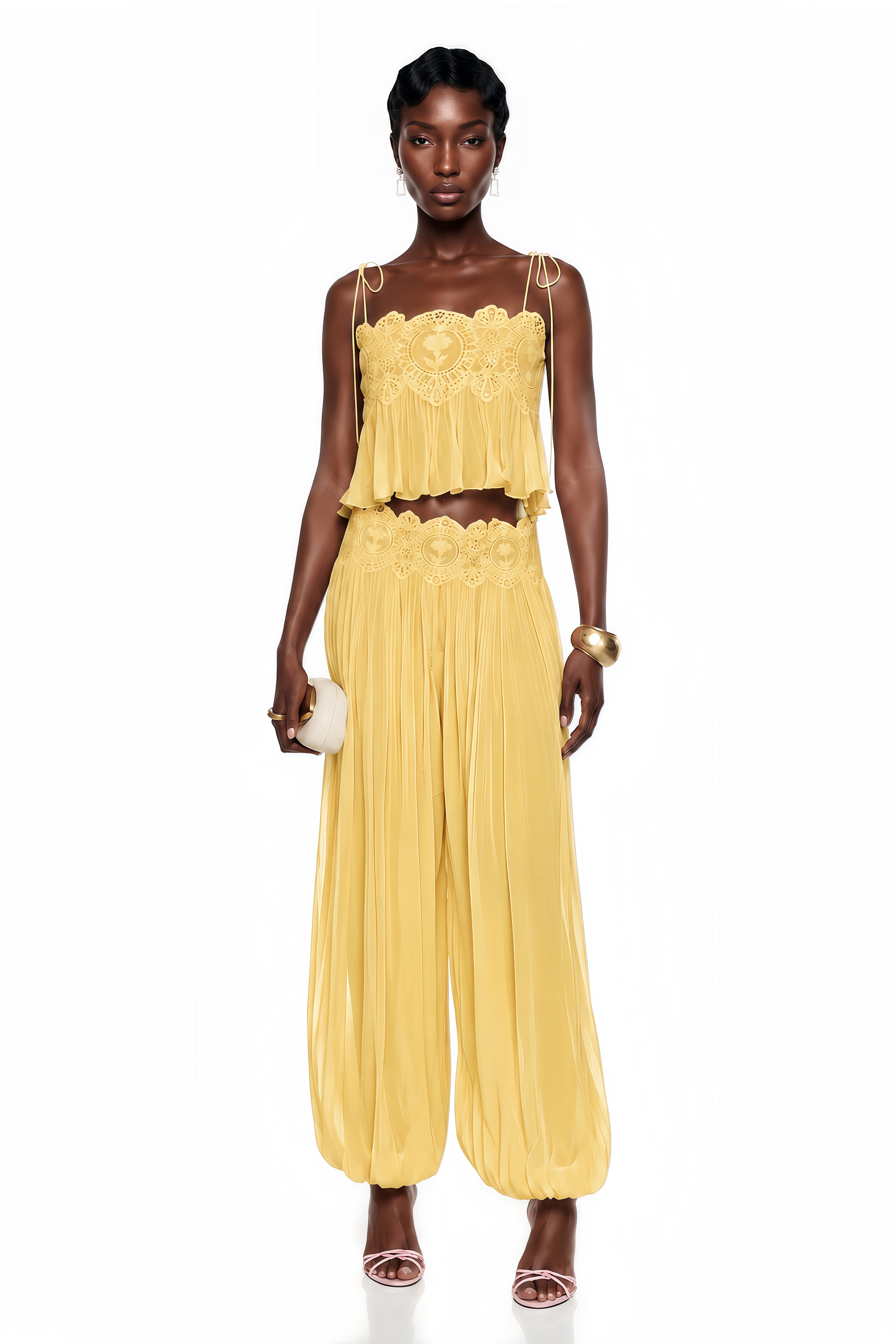 Kamila Yellow Lace Trim Ruched Top & Trouser Set