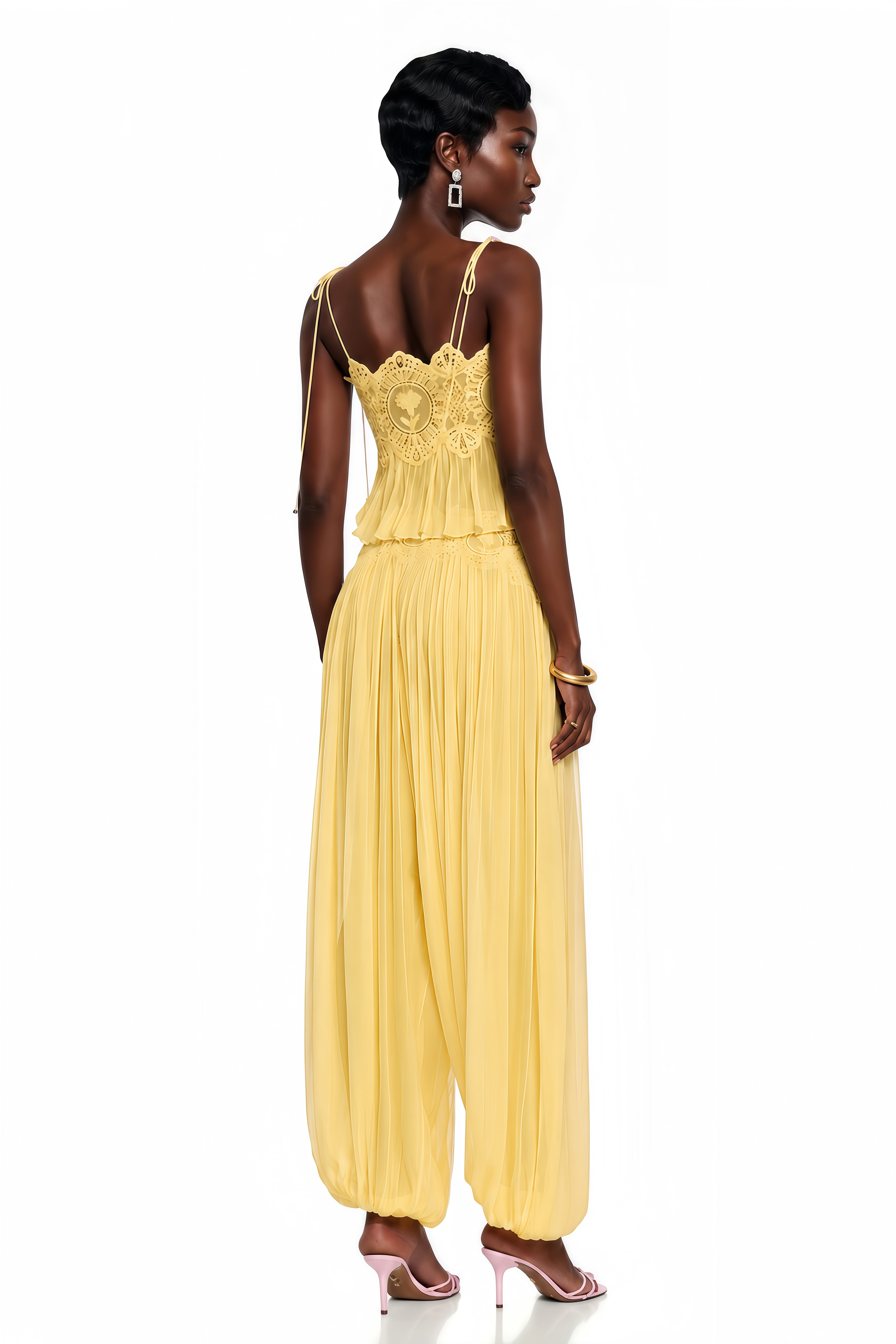 Kamila Yellow Lace Trim Ruched Top & Trouser Set