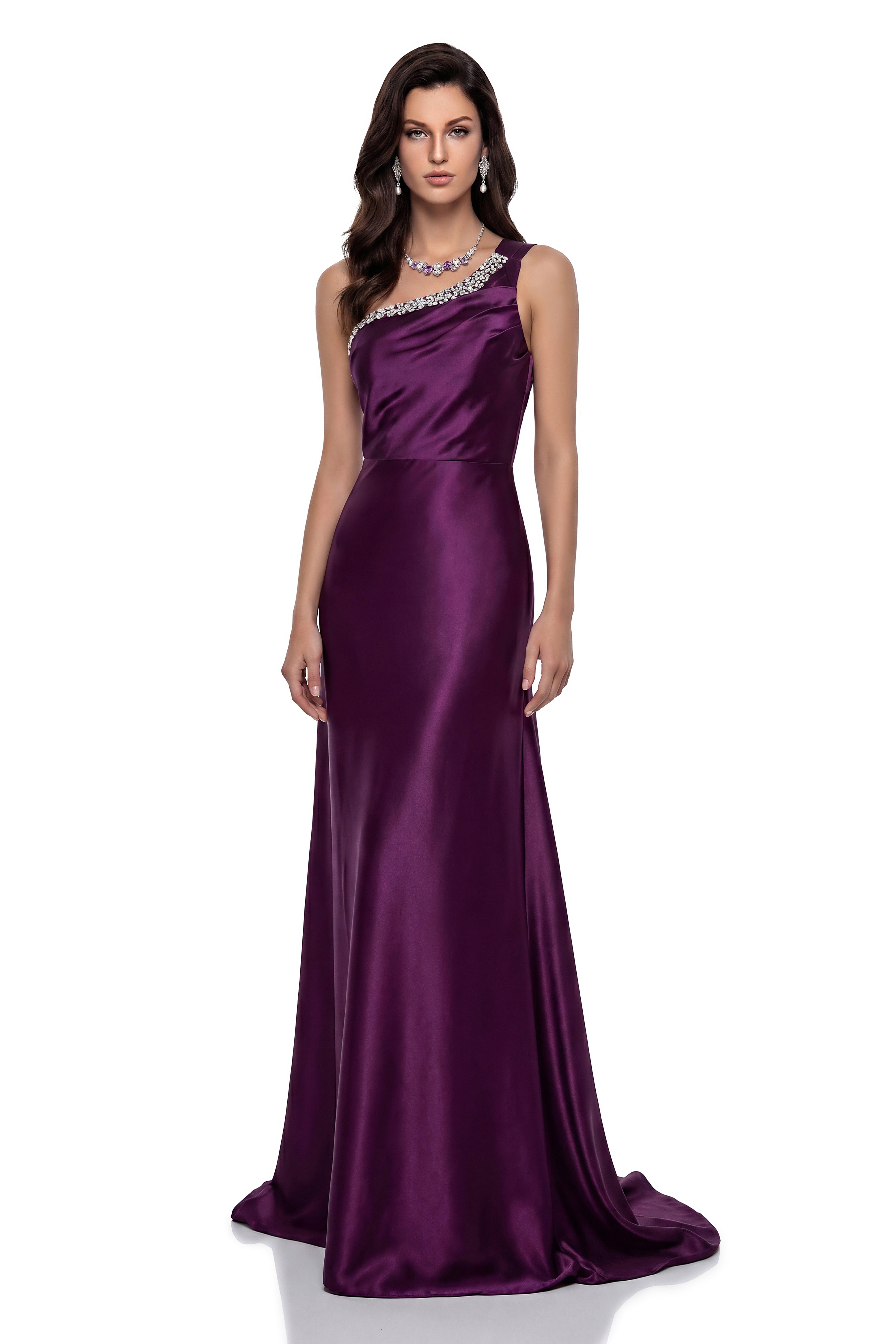 Katayoun Purple Embellished One Shoulder Satin Maxi Dress (Final Sale-US Only)