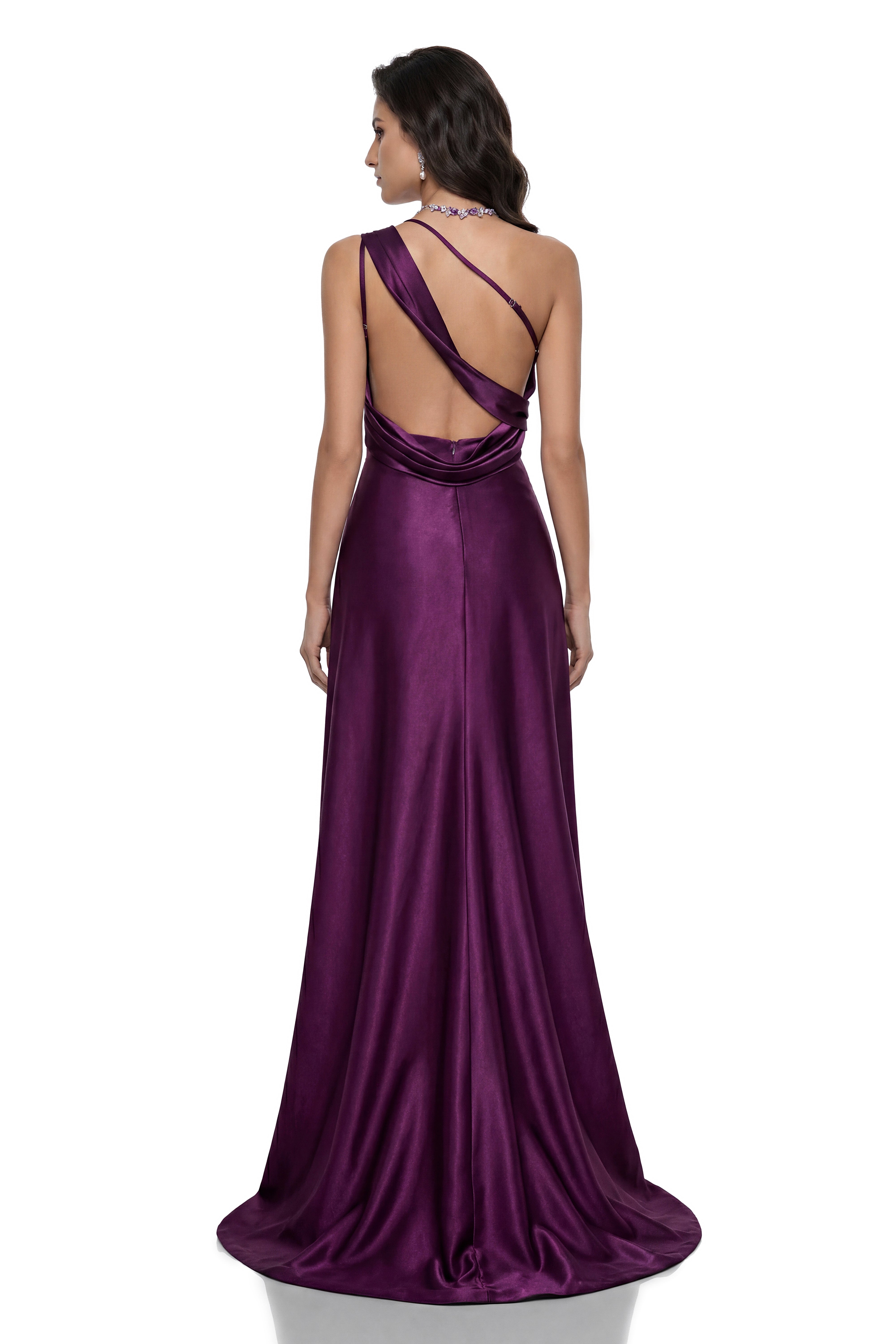 Katayoun Purple Embellished One Shoulder Satin Maxi Dress (Final Sale-US Only)