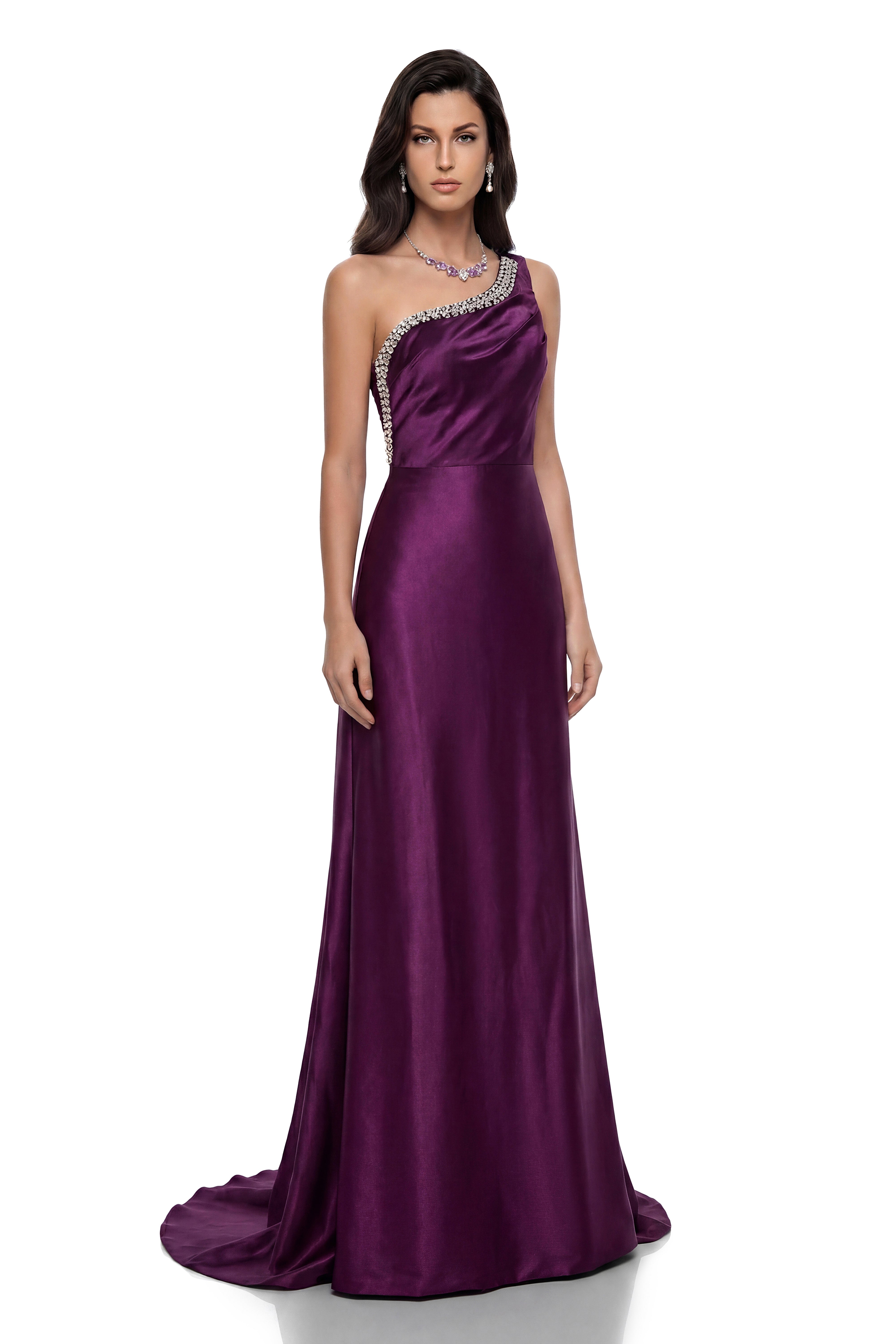 Katayoun Purple Embellished One Shoulder Satin Maxi Dress (Final Sale-US Only)