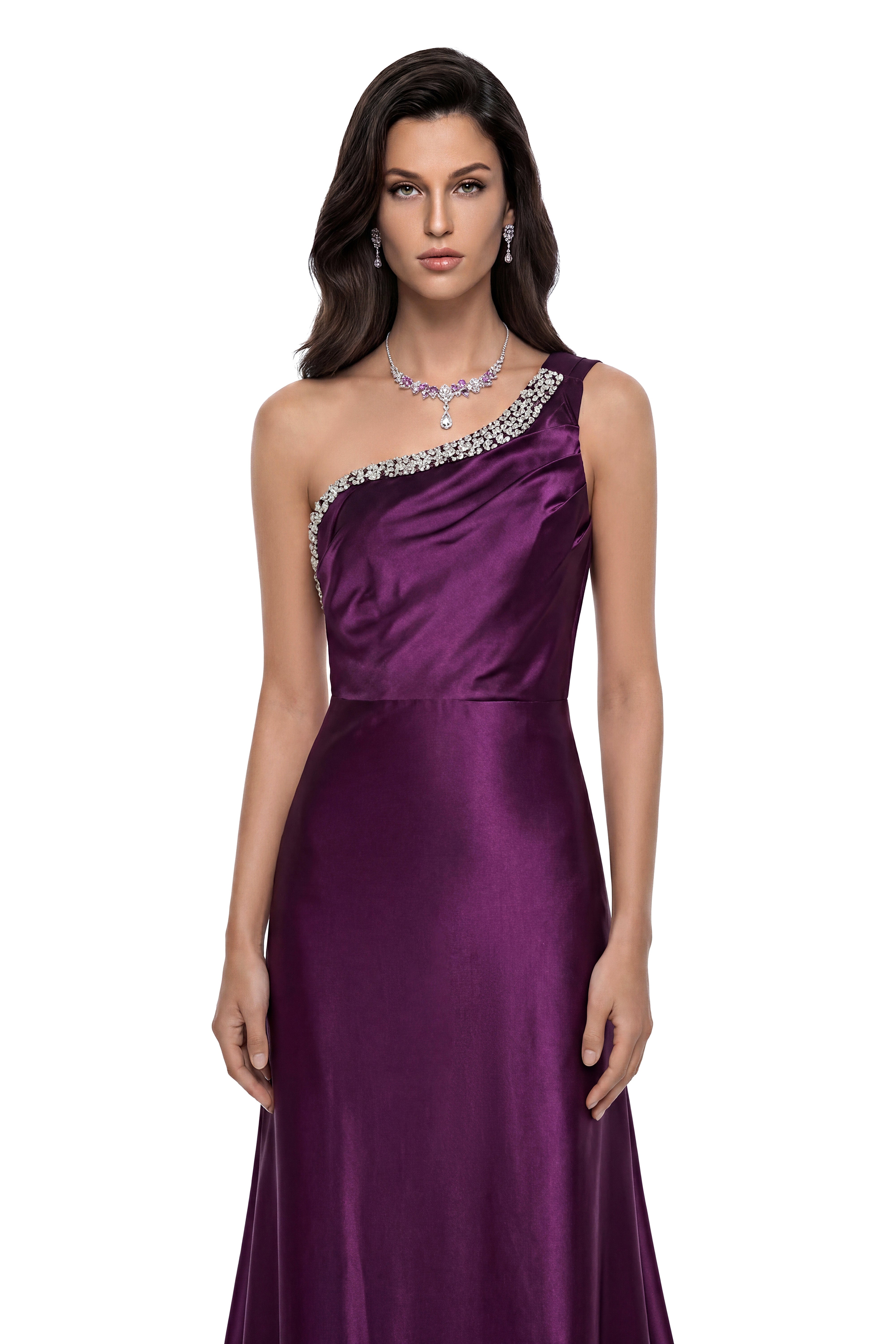 Katayoun Purple Embellished One Shoulder Satin Maxi Dress (Final Sale-US Only)