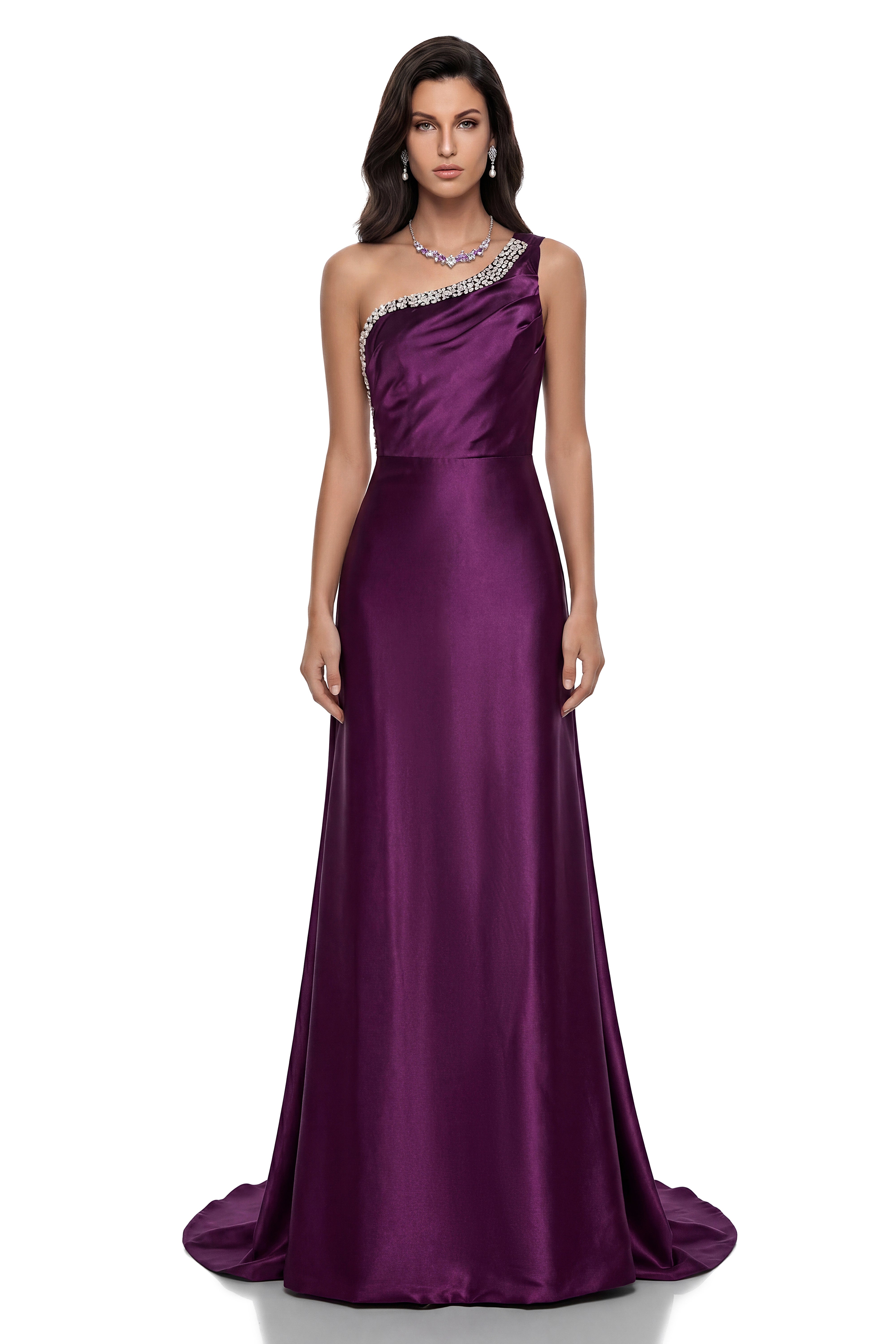 Katayoun Purple Embellished One Shoulder Satin Maxi Dress (Final Sale-US Only)