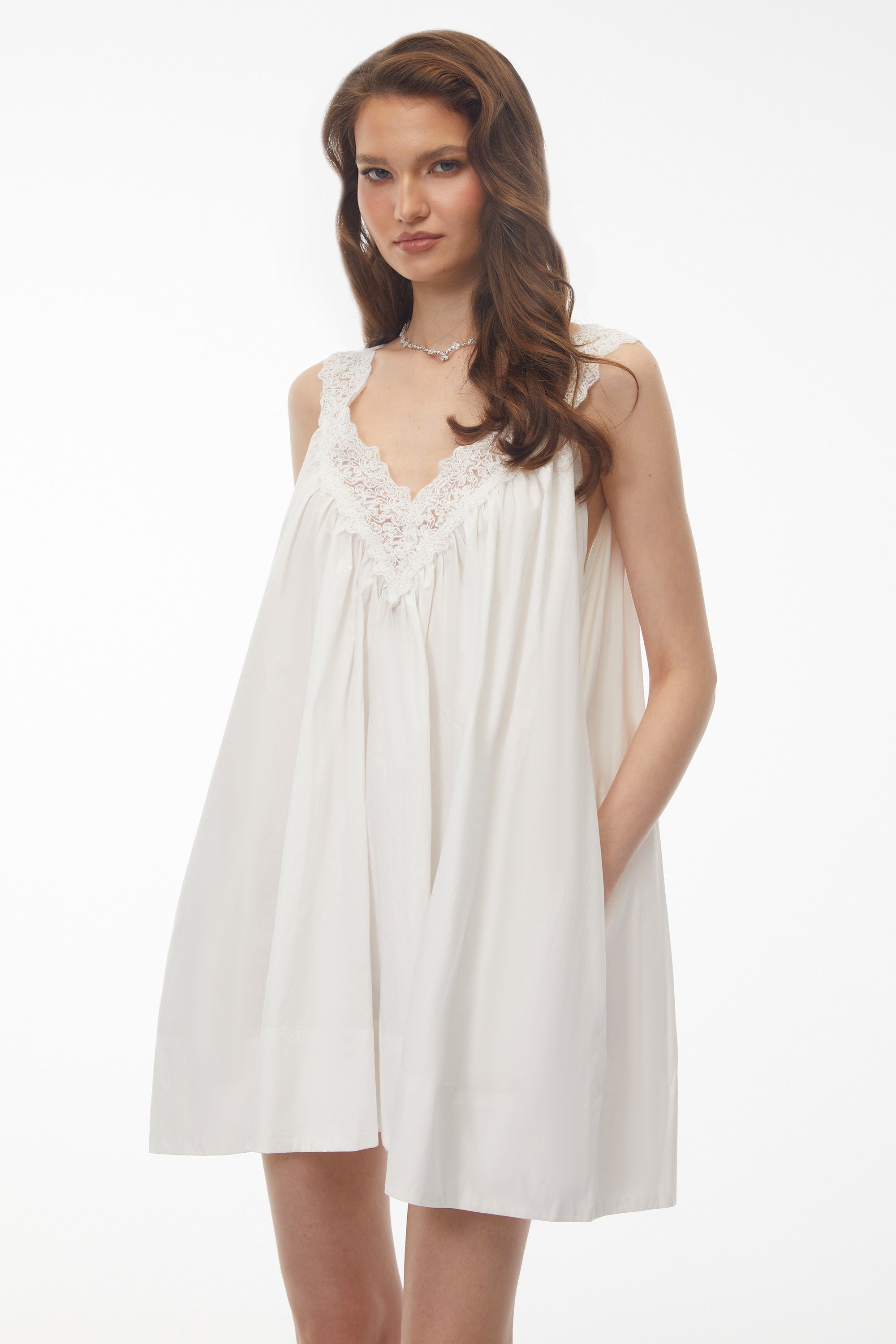 Kátia White Ruched Mini Dress with Lace Trim (Final Sale-US Only)