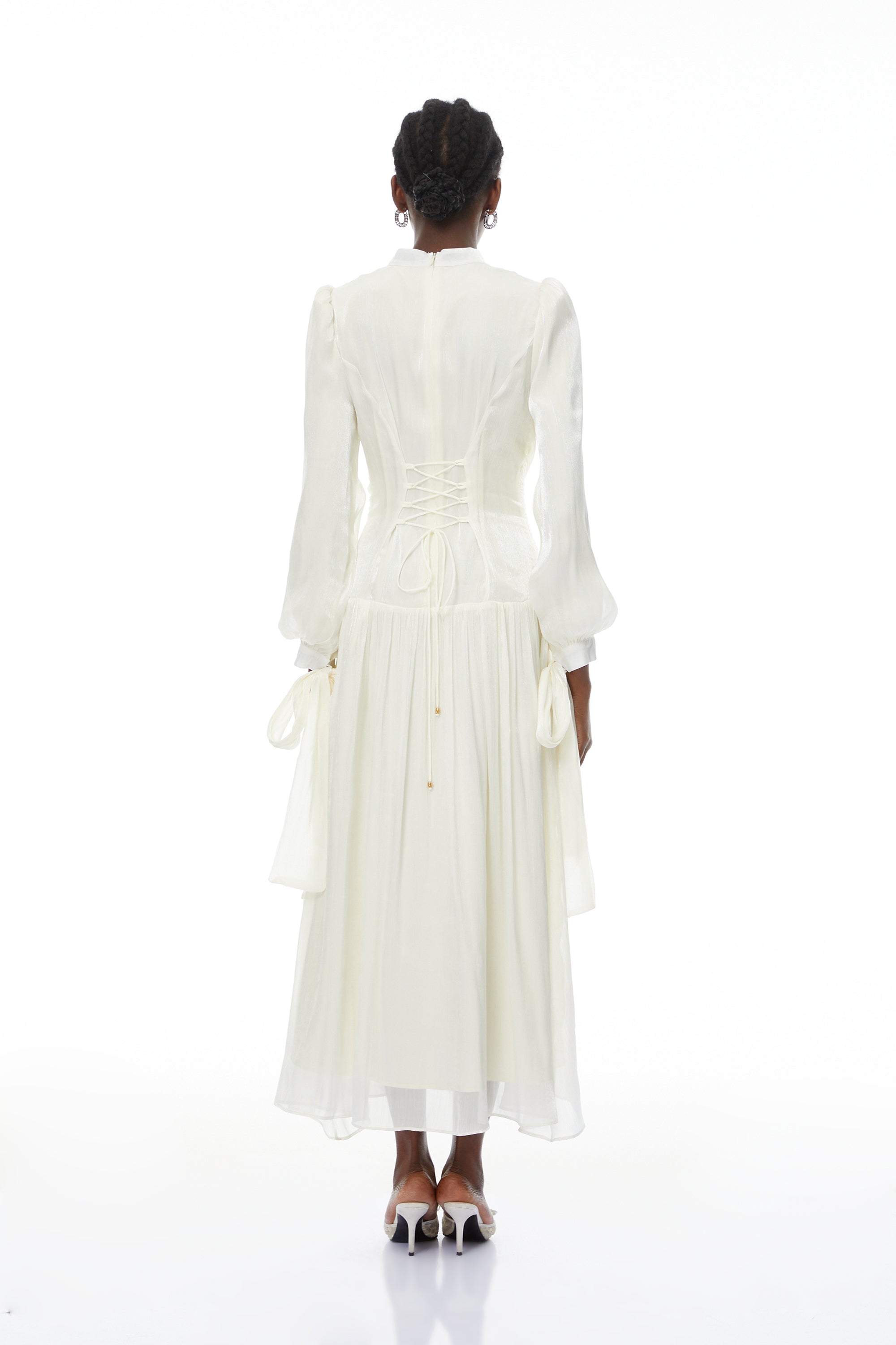 Katrín White Glossy Gathered Maxi Dress (Final Sale-US Only)