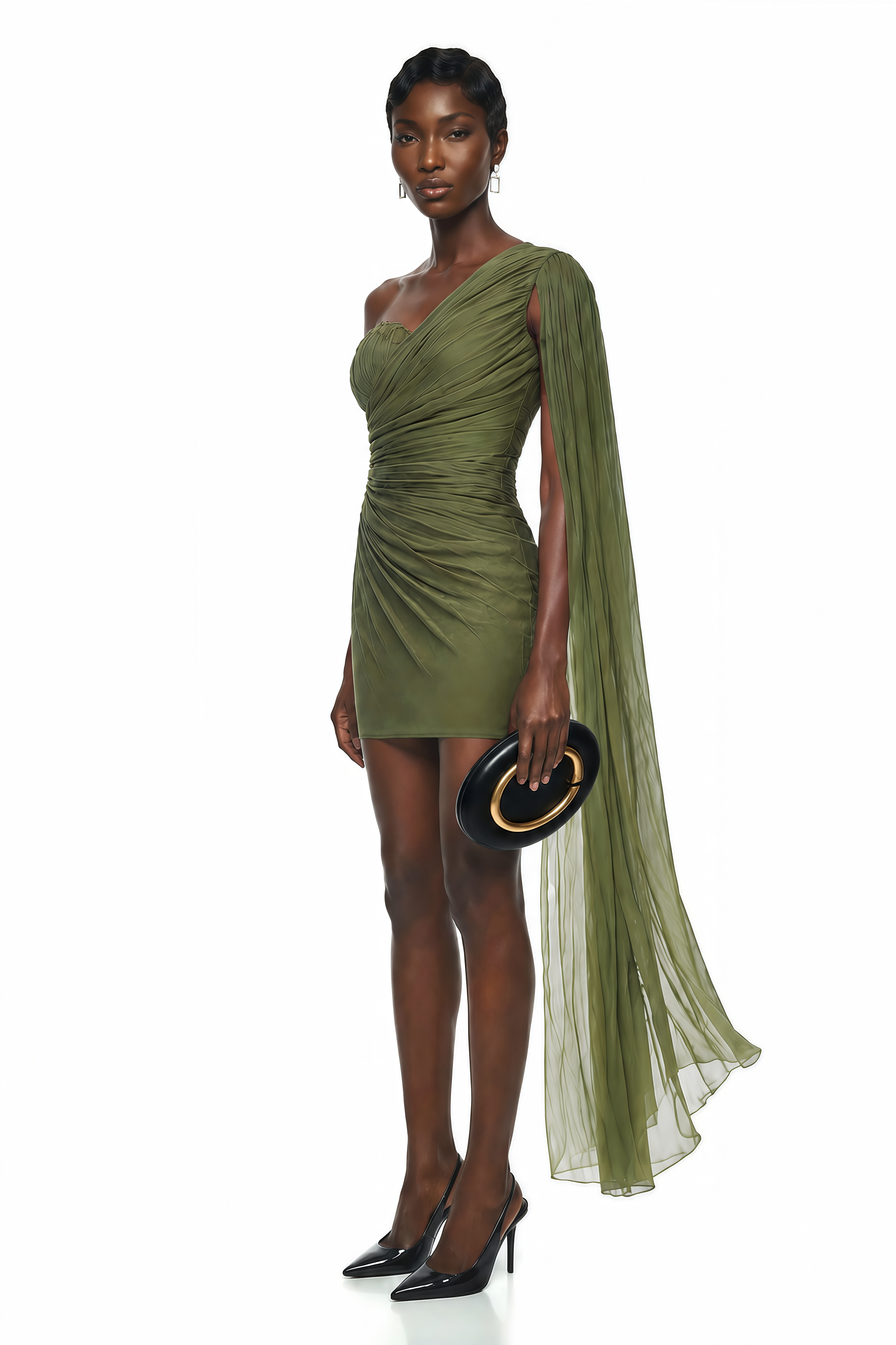 Olive green one-shoulder mini dress with a draped shoulder cape
