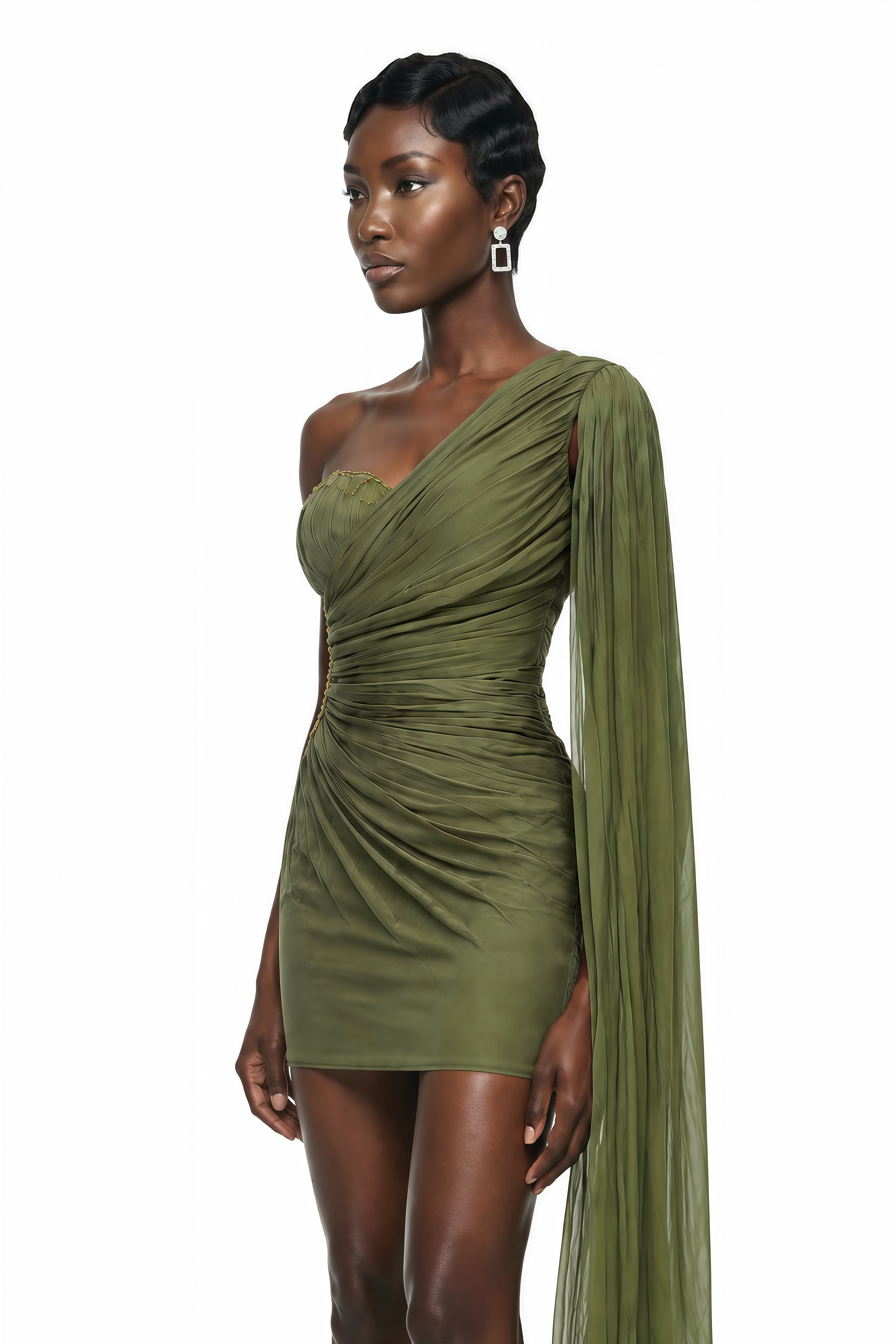 Olive green one-shoulder mini dress with a draped shoulder cape