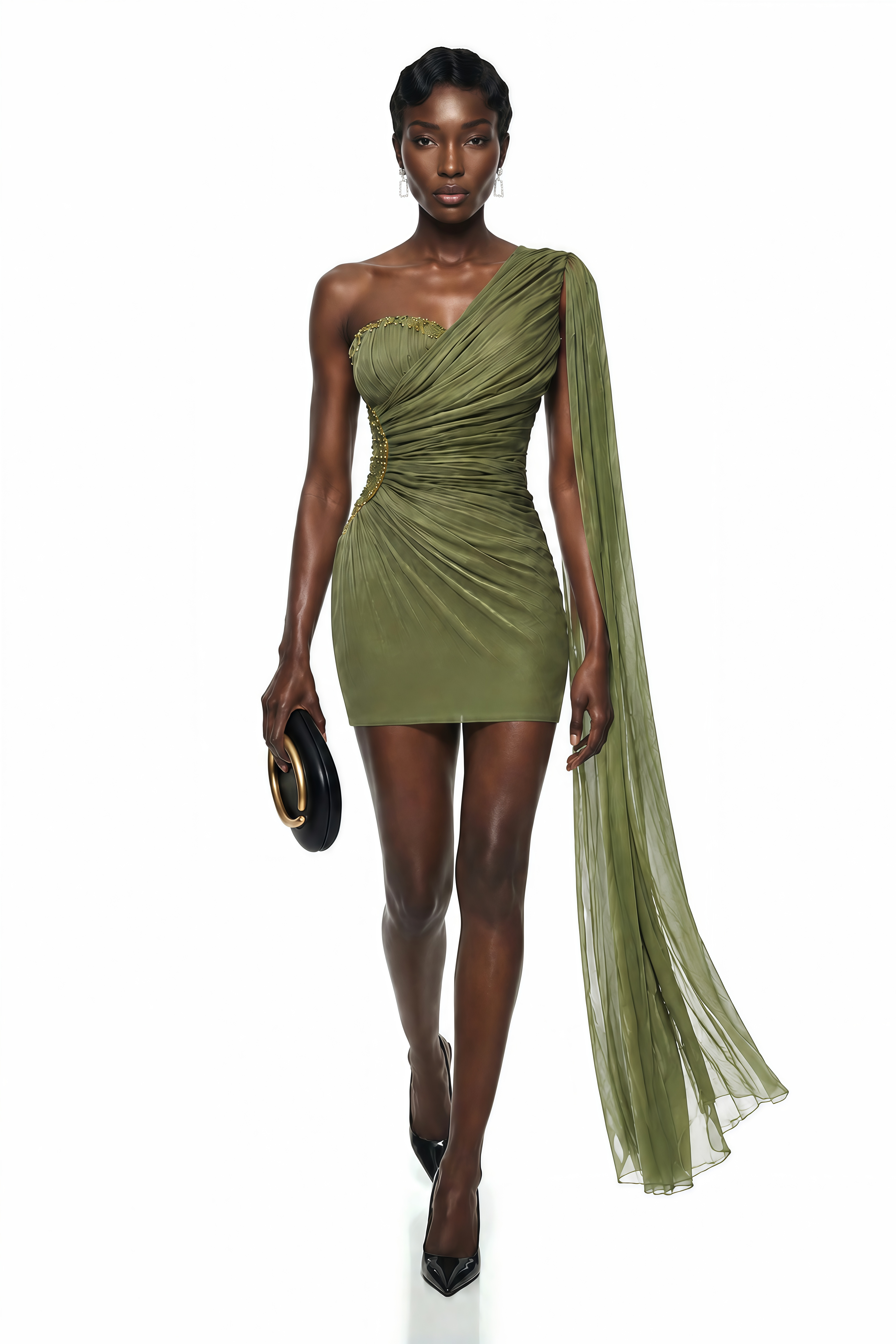 Olive green one-shoulder mini dress with a draped shoulder cape