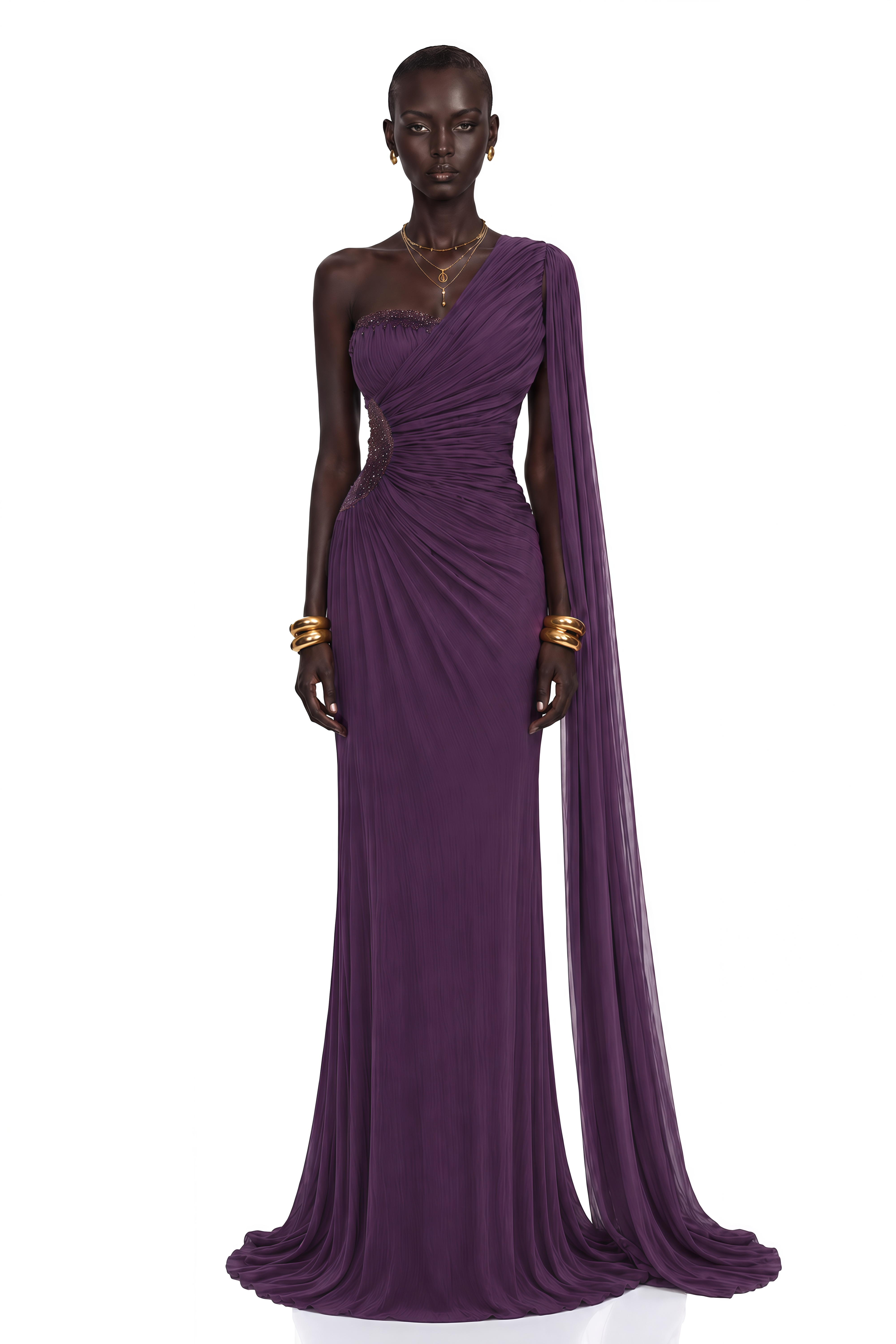 Deep purple one-shoulder maxi dress with a draped cape overlay and side cutout
