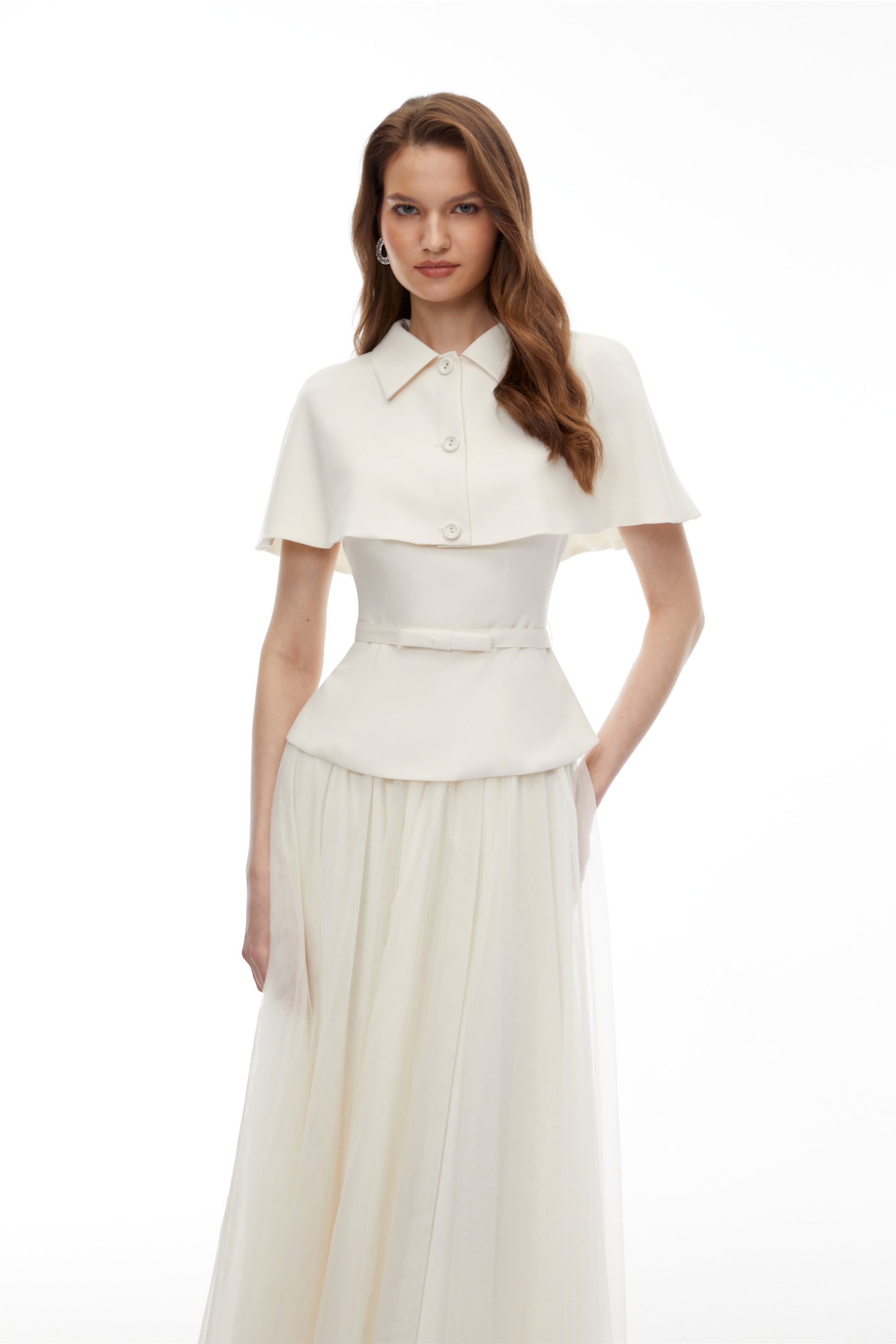 Klavdiya White Cape Top & Skirt 3-Piece Set (Final Sale-US Only)