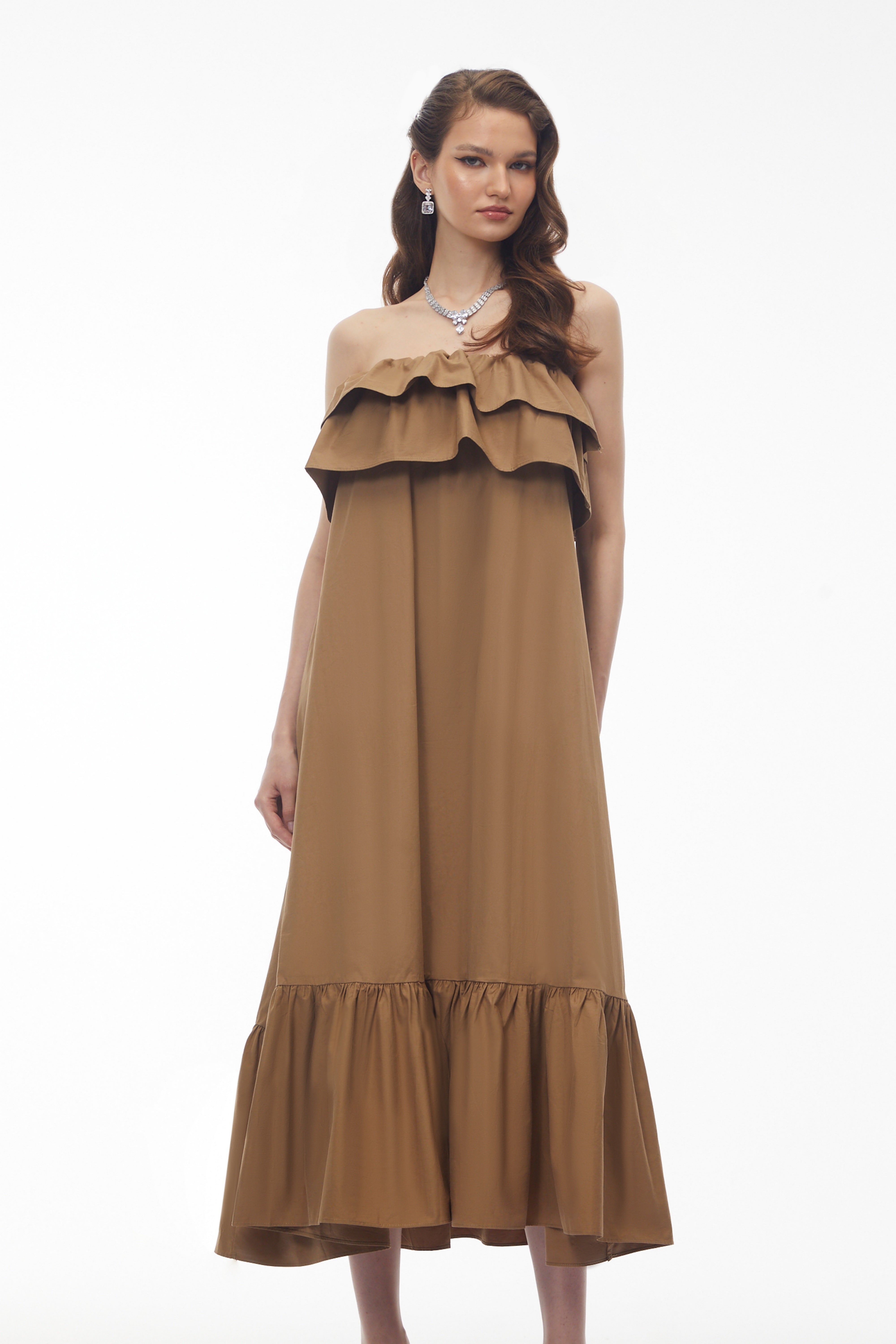Robe midi à volants superposés Laelia Camel (Vente définitive)