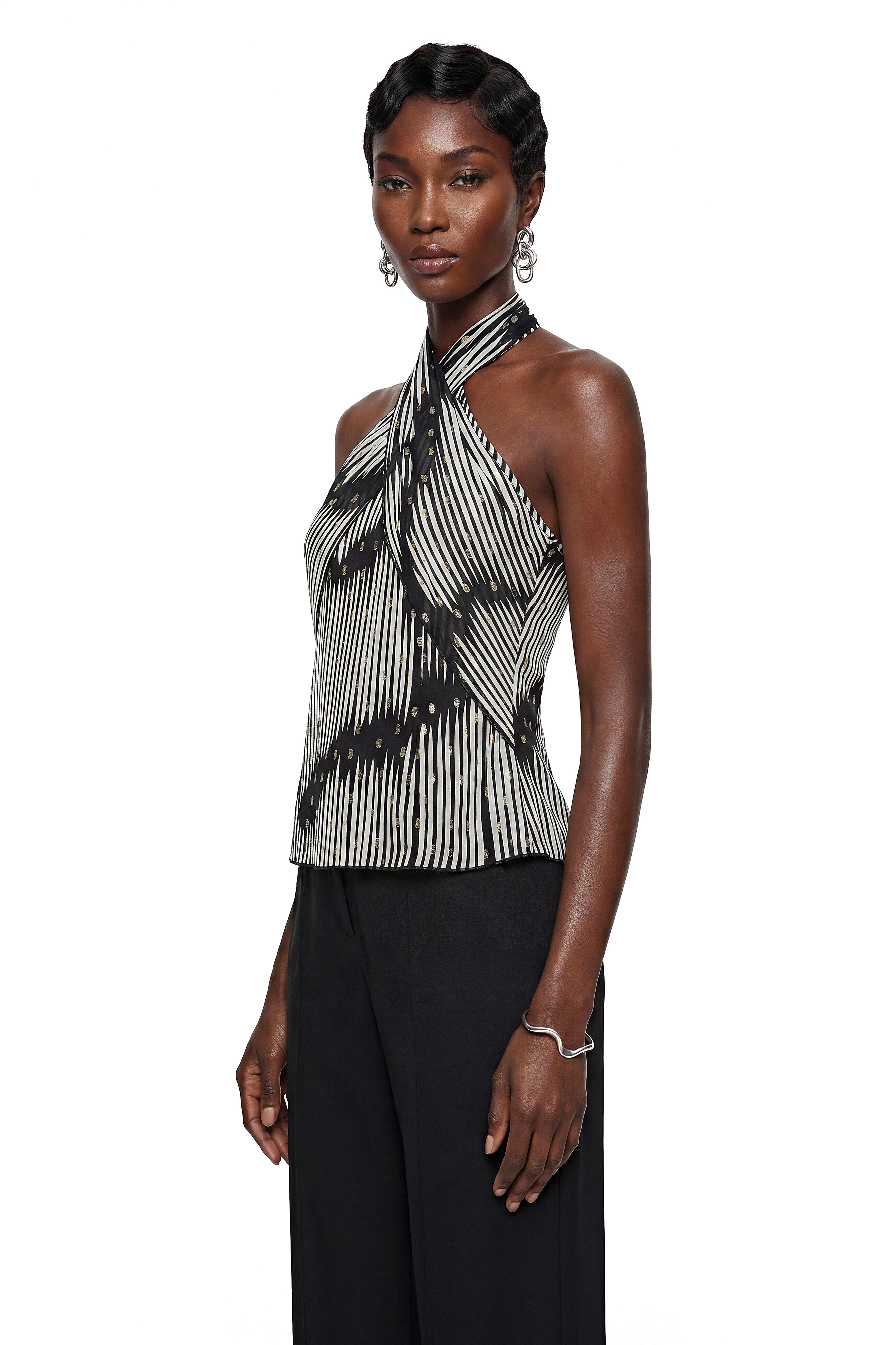 Lamia Black Halterneck Striped Twist Top