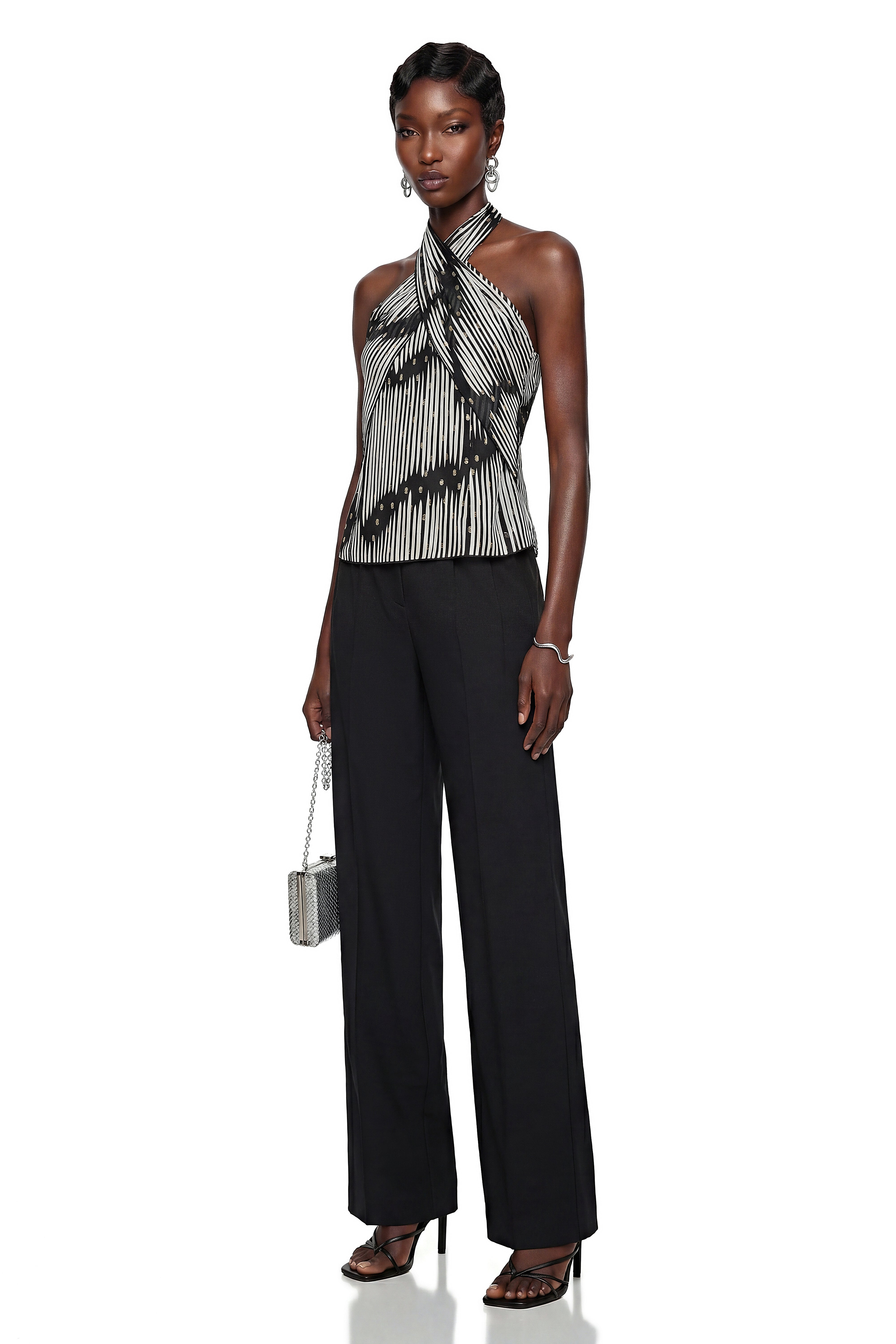 Lamia Black Halterneck Striped Twist Top