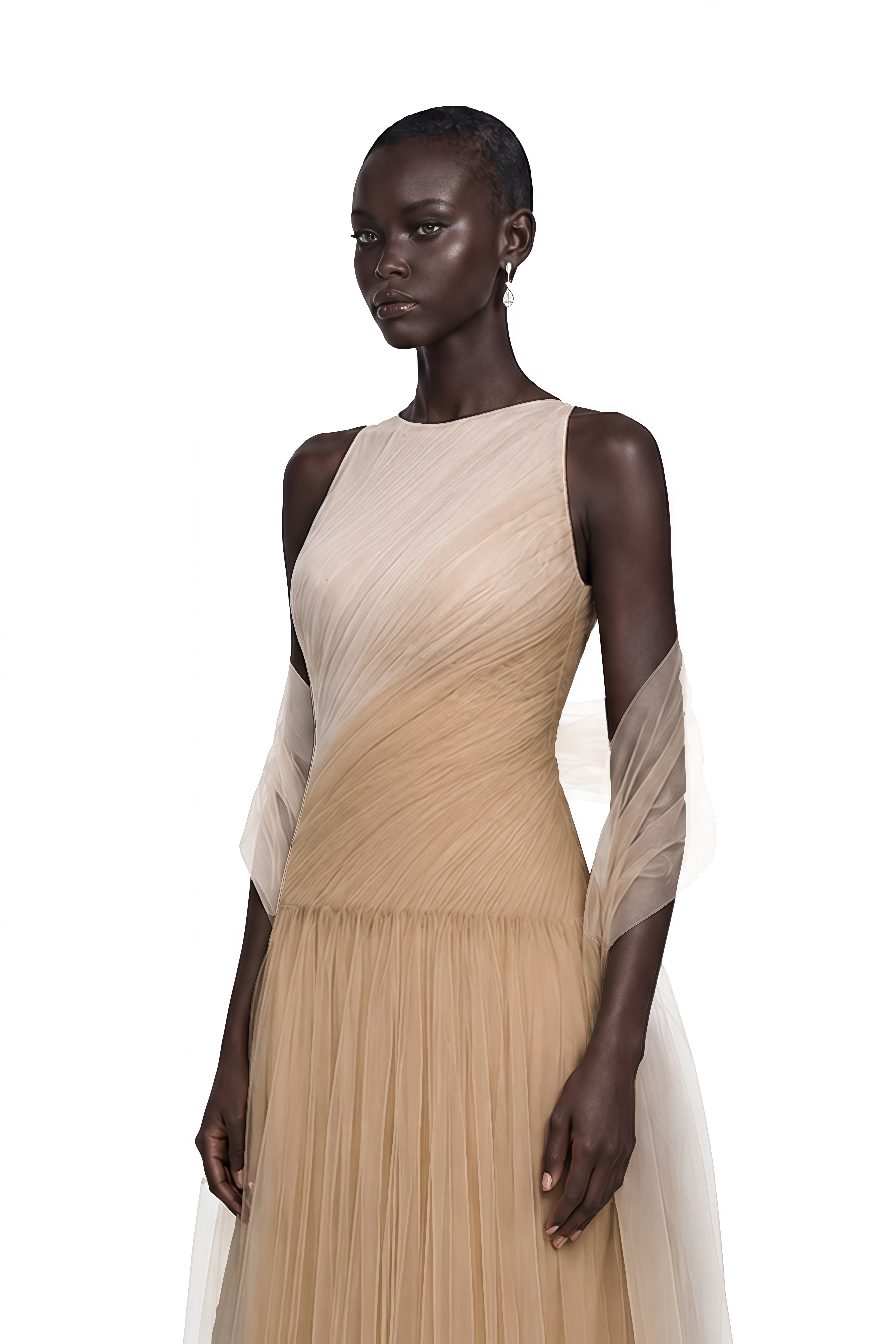 Larissa Champagne Sleeveless Maxi Dress with Mesh Panels (Without Shawl)