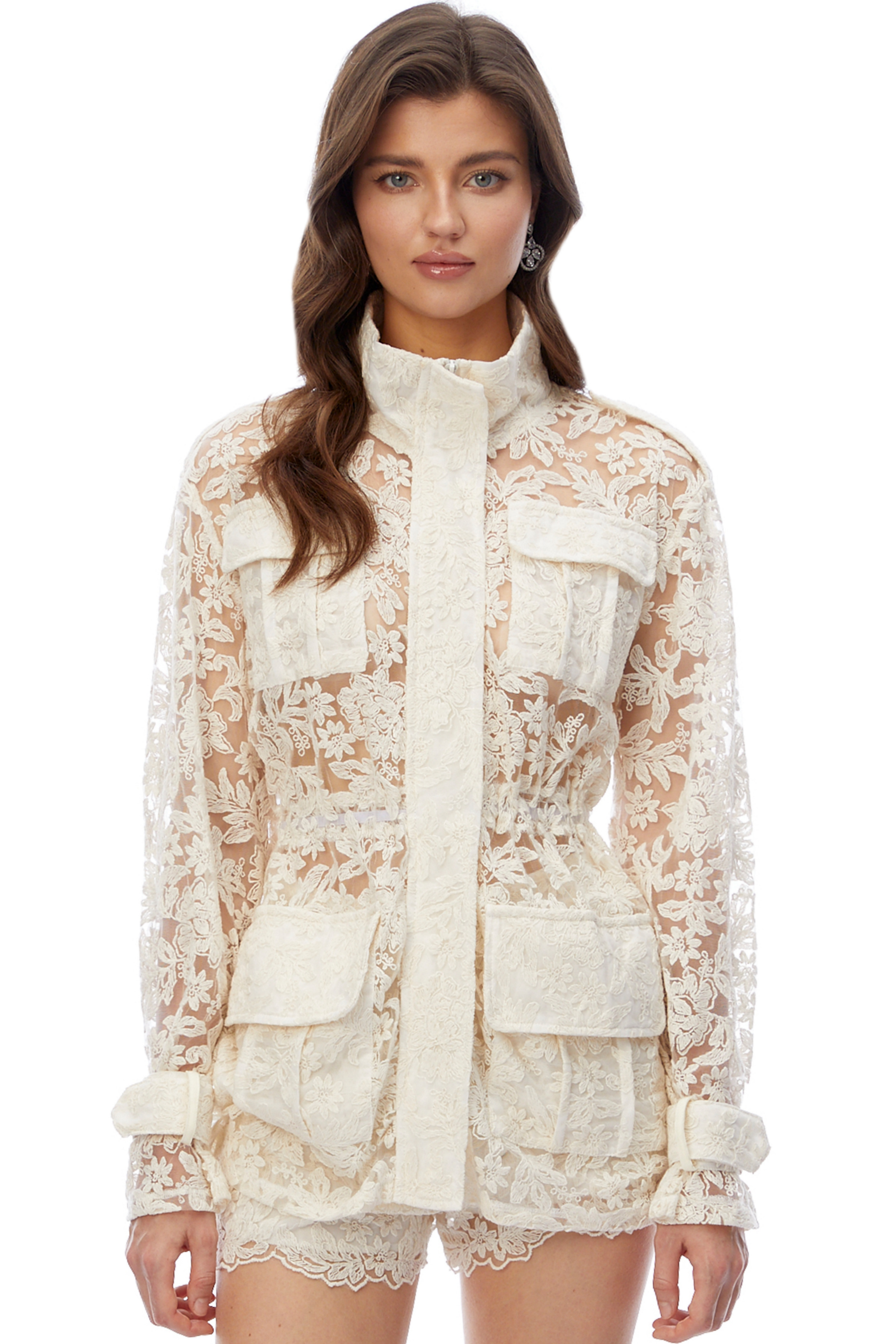 Ivory sheer floral lace high-neck utility jacket with matching lace shorts