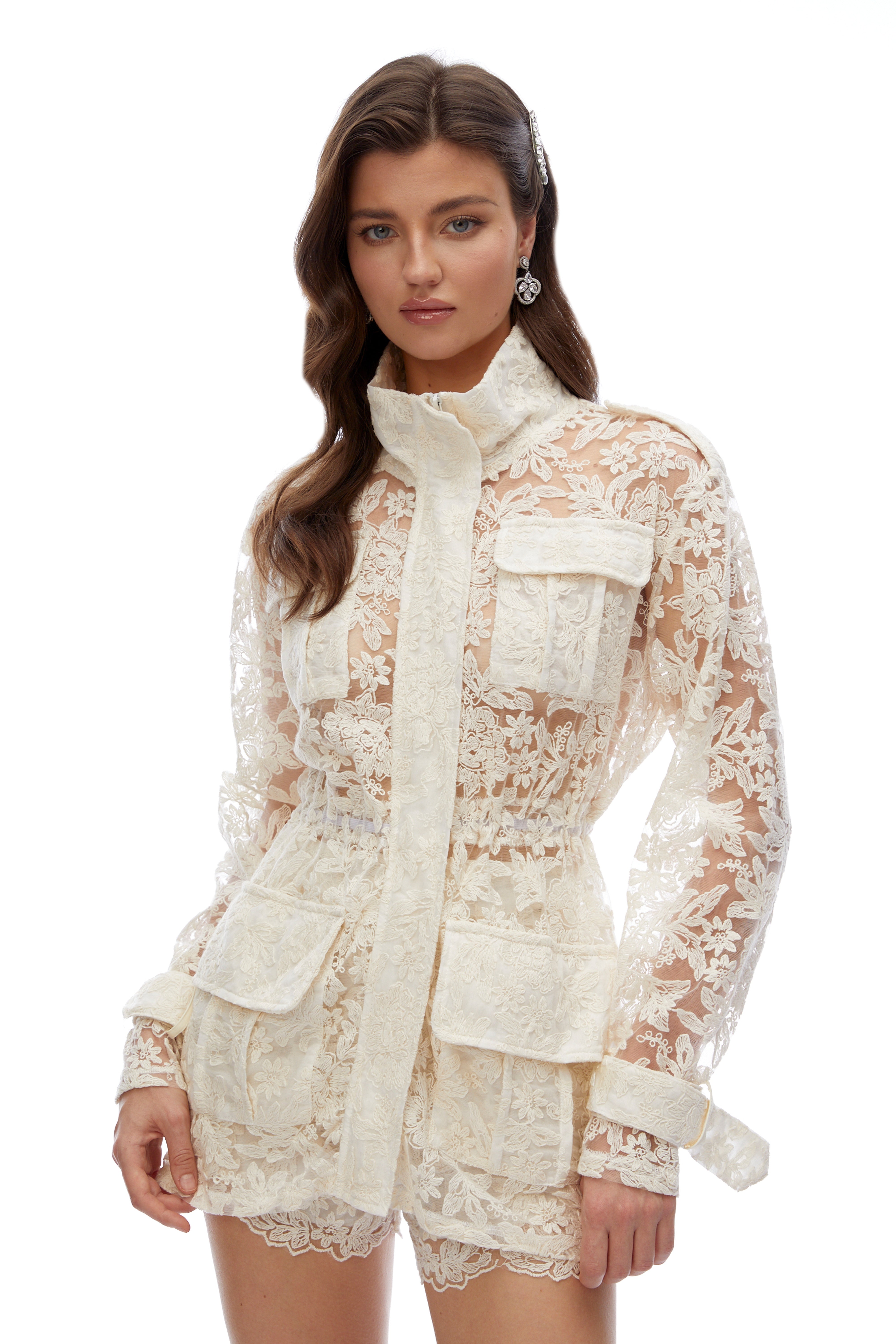Ivory sheer floral lace high-neck utility jacket with matching lace shorts