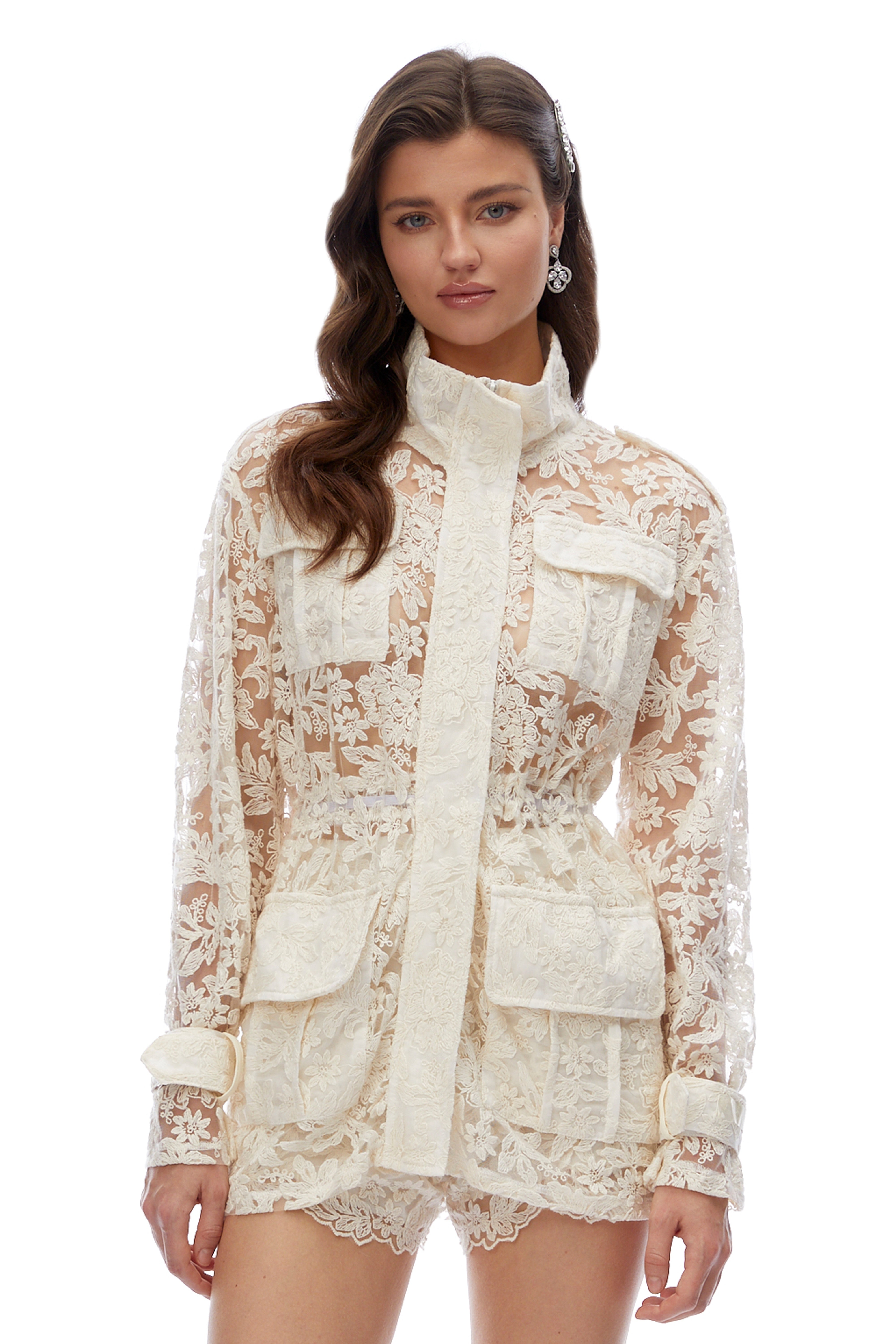 Ivory sheer floral lace high-neck utility jacket with matching lace shorts