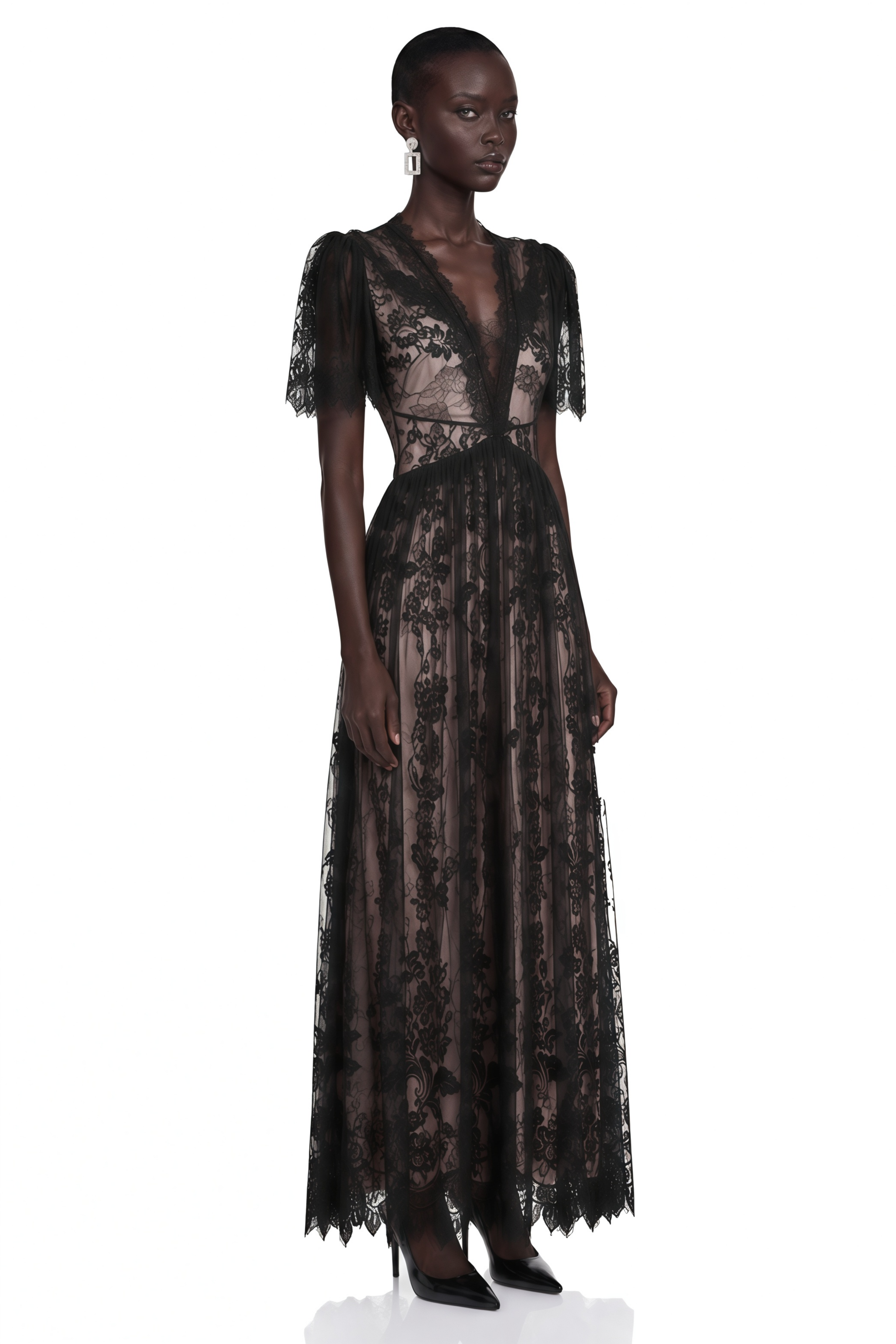 Lavinia Black Sheer Lace V-Neck Maxi Dress