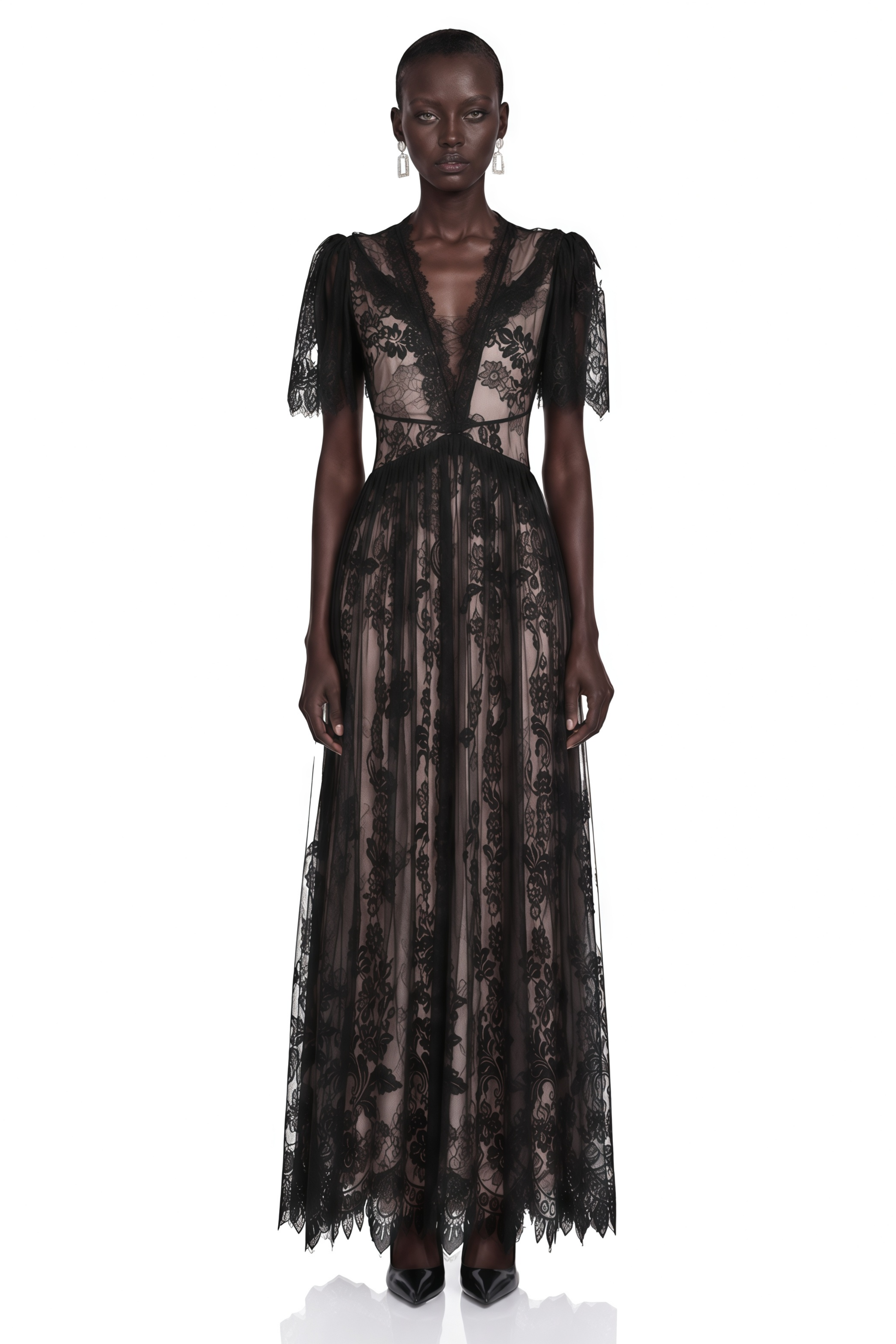 Lavinia Black Sheer Lace V-Neck Maxi Dress