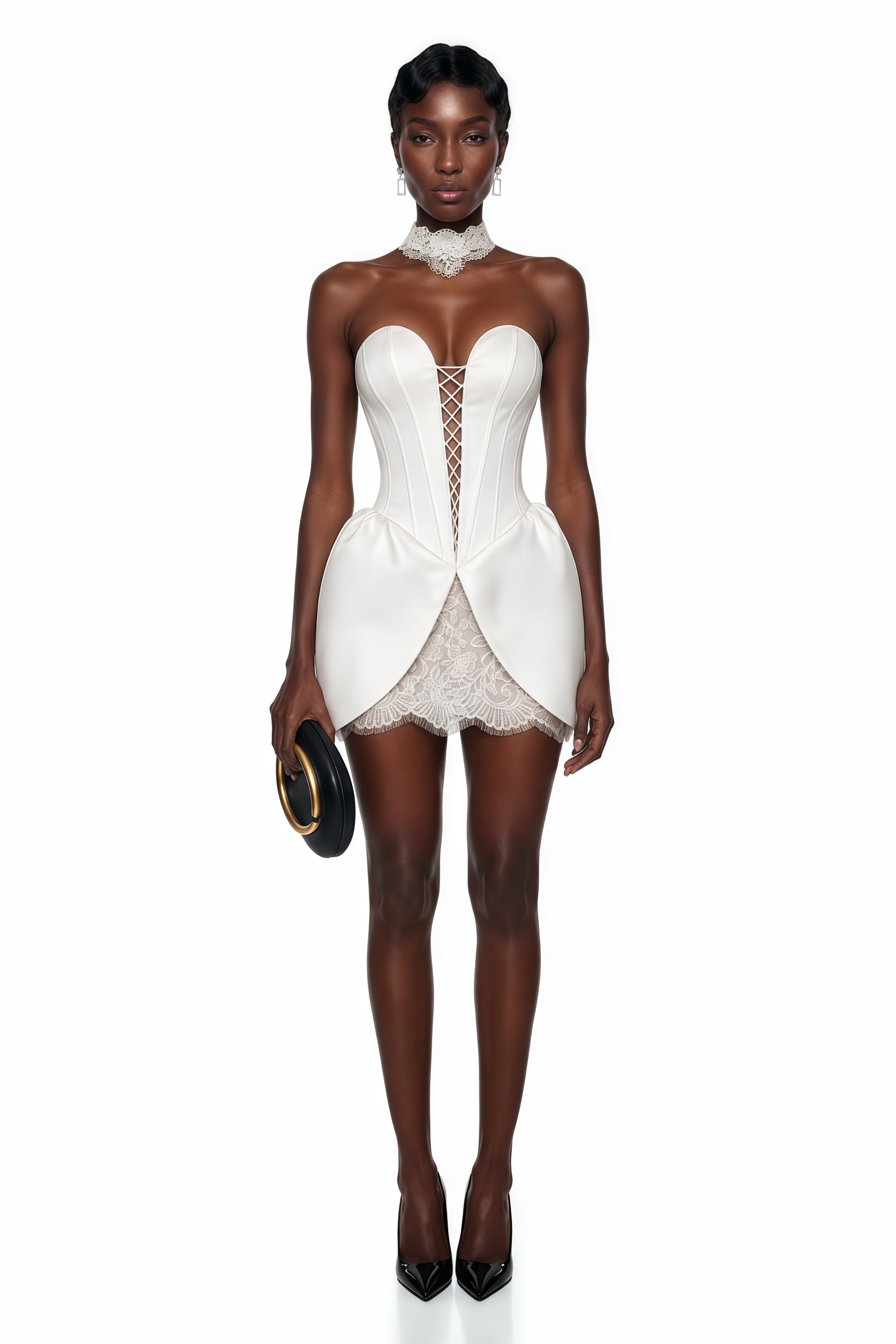 White strapless mini dress featuring a lace-up corset bodice, structured satin petal-shaped hip panels, and a sheer lace underskirt