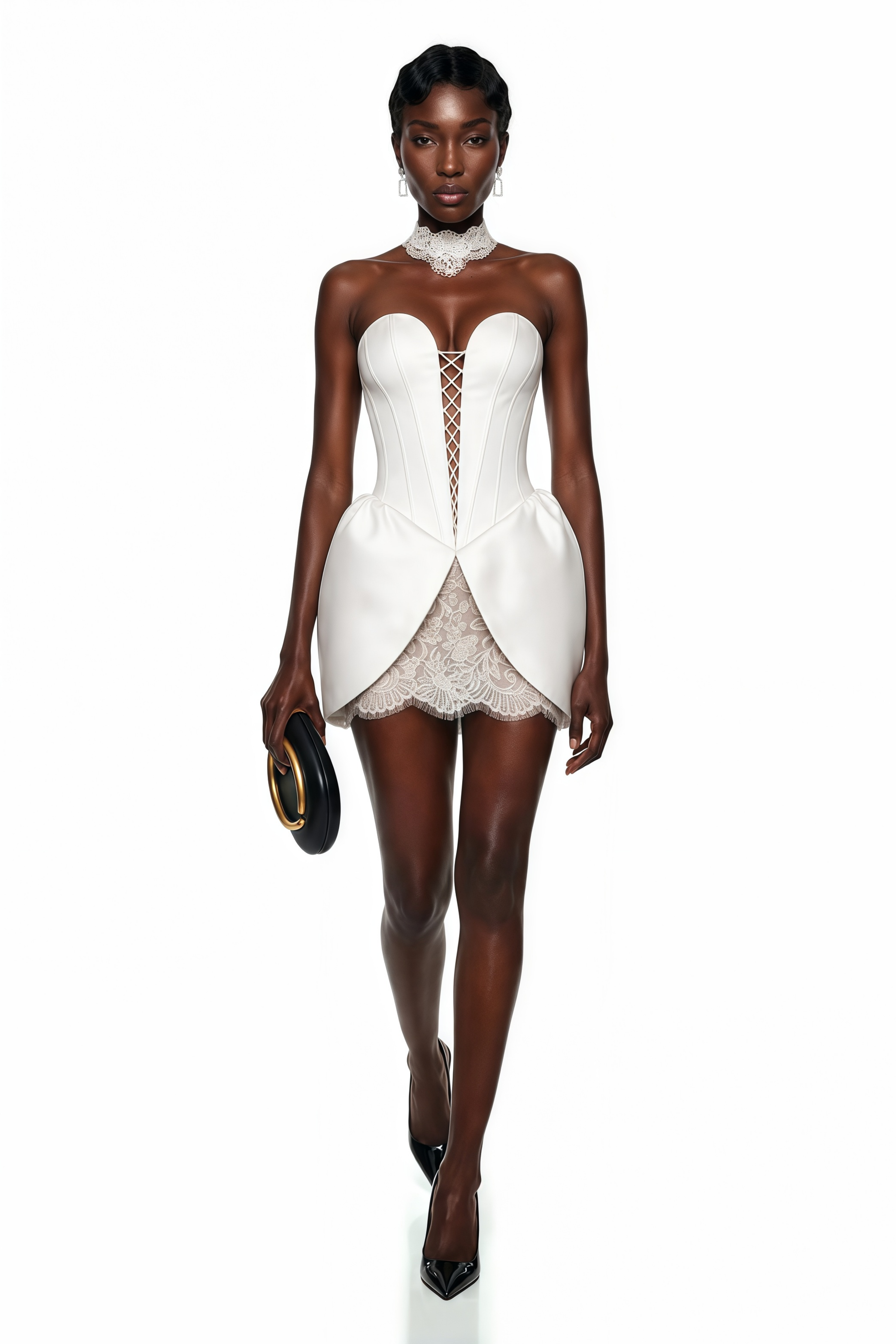 White strapless mini dress featuring a lace-up corset bodice, structured satin petal-shaped hip panels, and a sheer lace underskirt