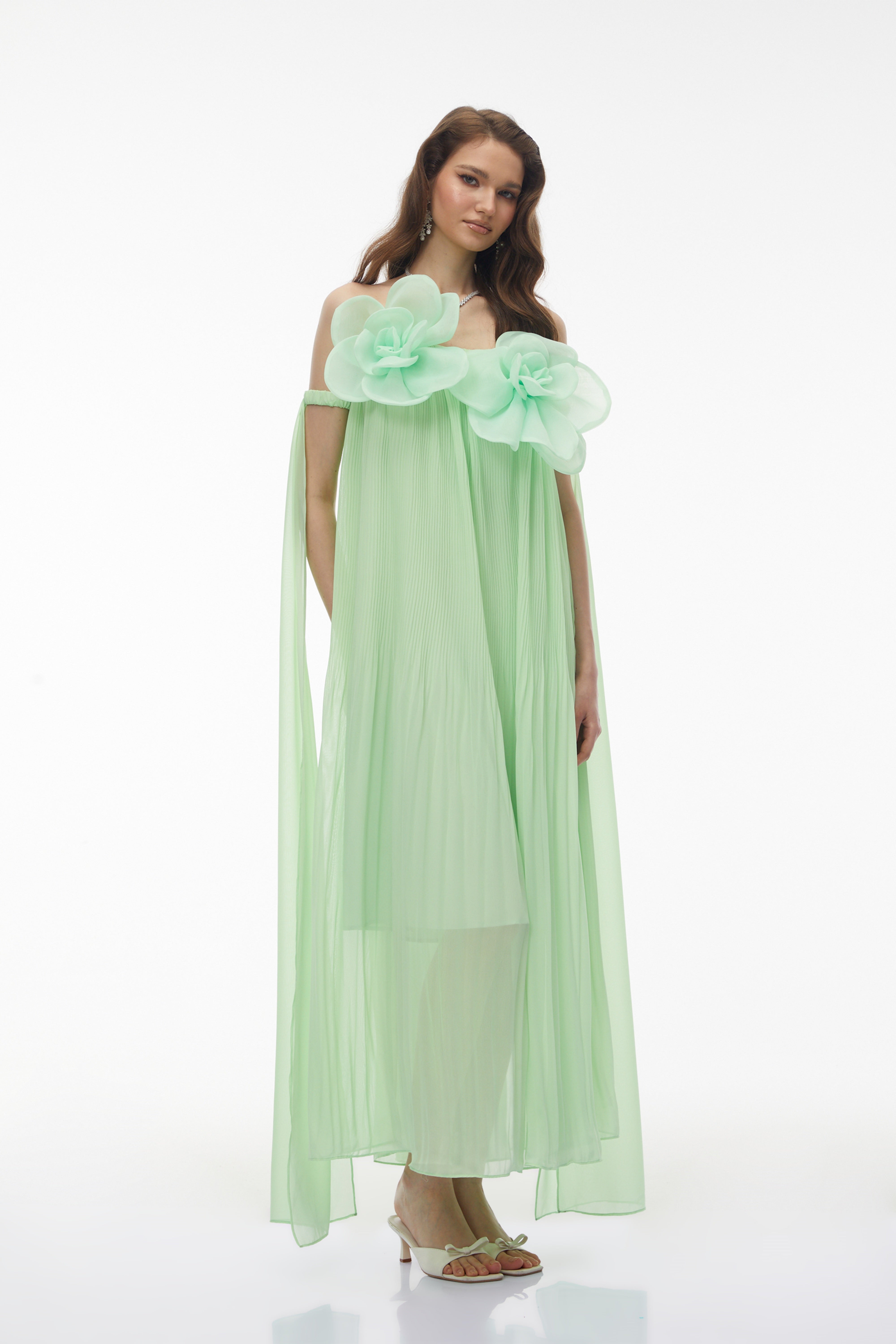 Leah Green Off Shoulder Maxi Dress with 3D Florals