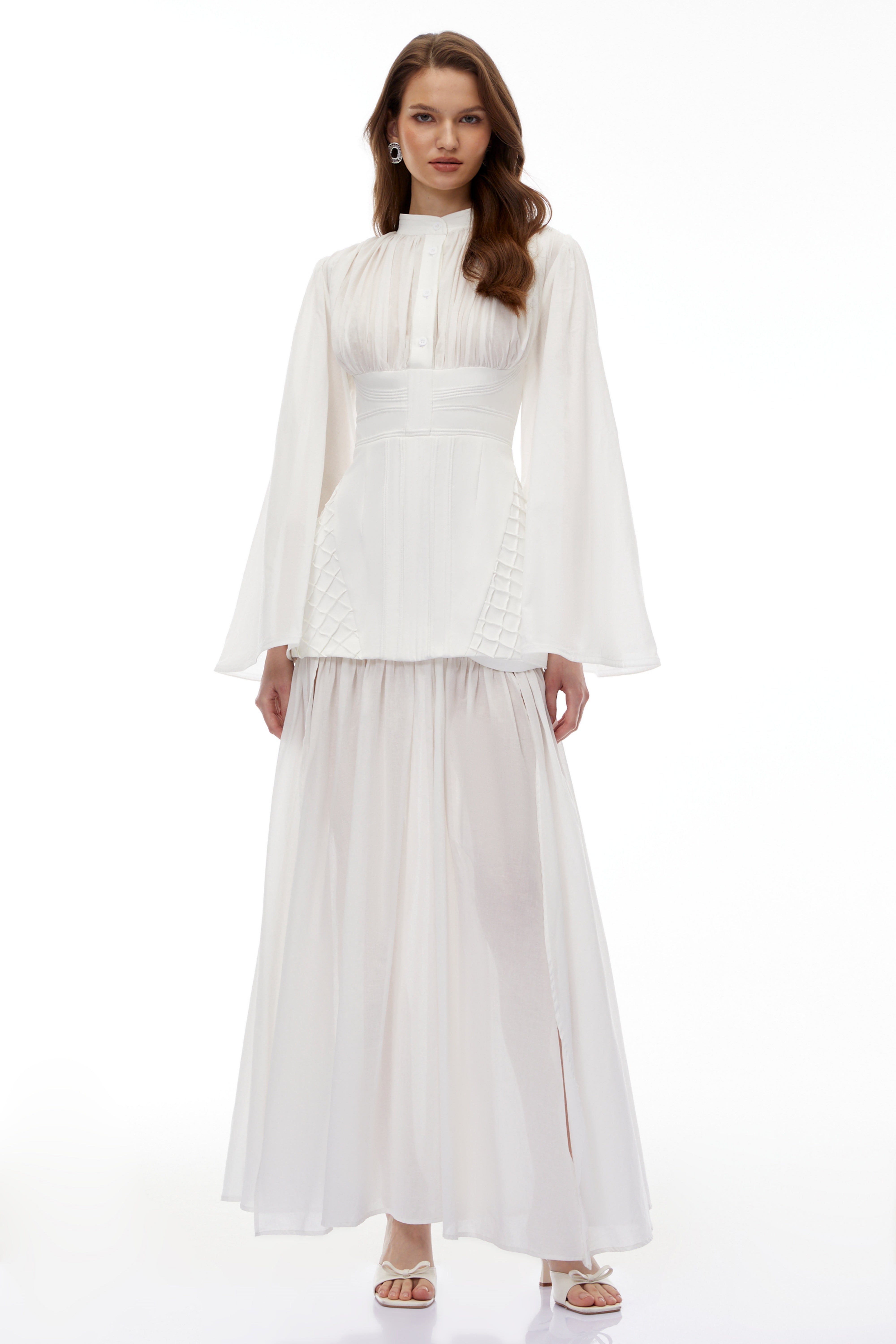 Lene White High Slit Ruched Maxi Dress