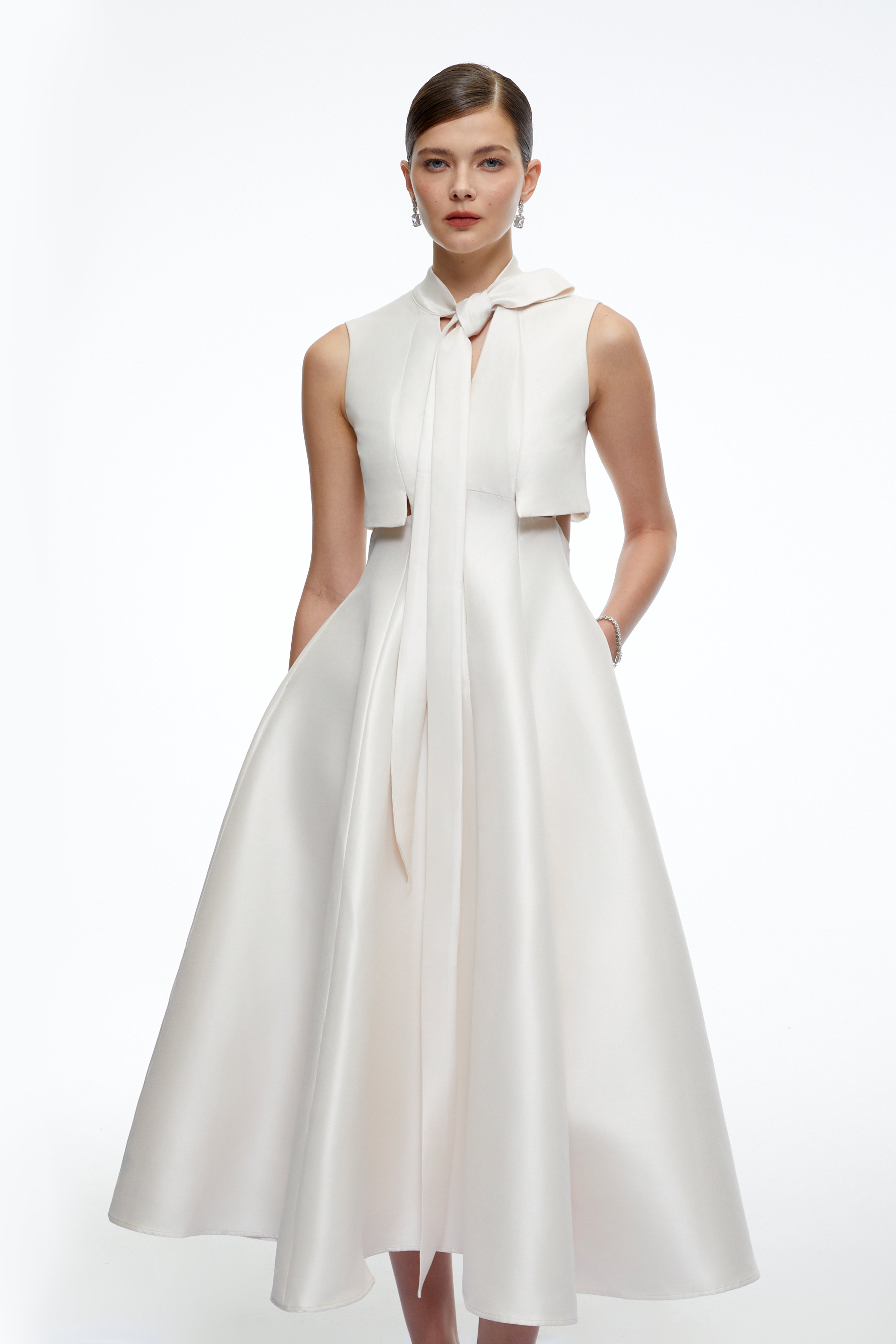 Leocadia Beige Satin Midi Dress with Bow
