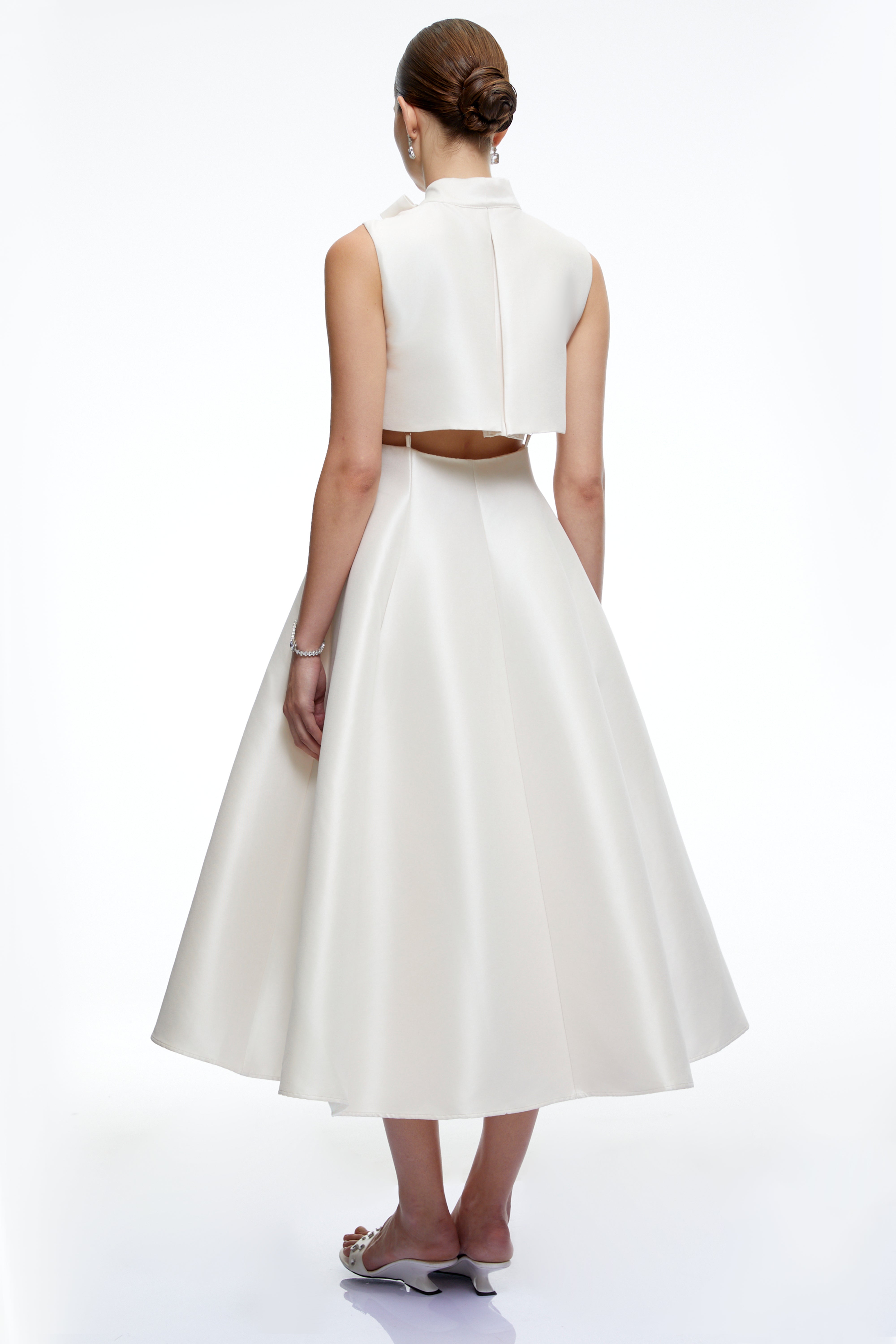 Leocadia Beige Satin Midi Dress with Bow