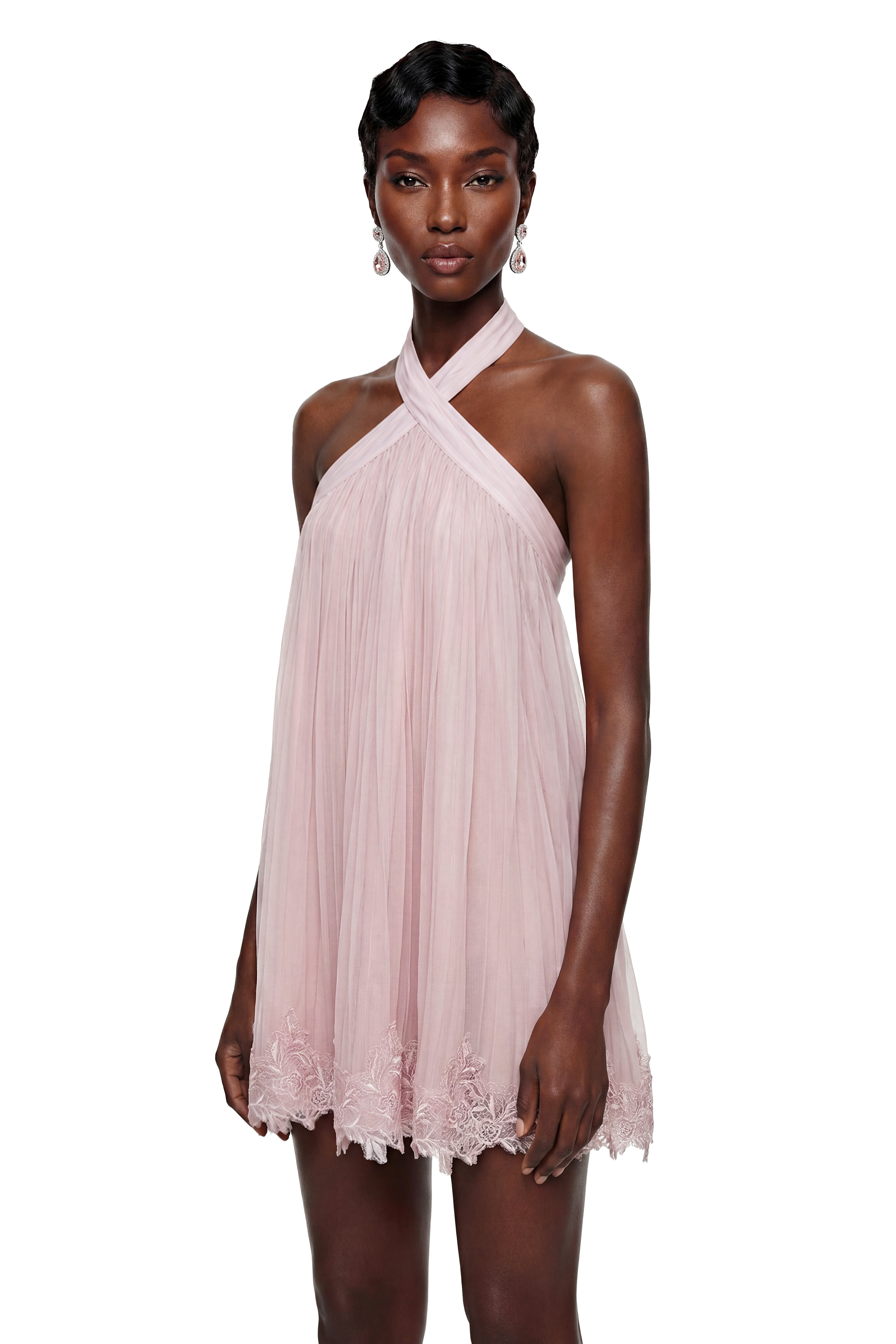 Blush pink halter-neck mini dress with pleated tulle and lace trim