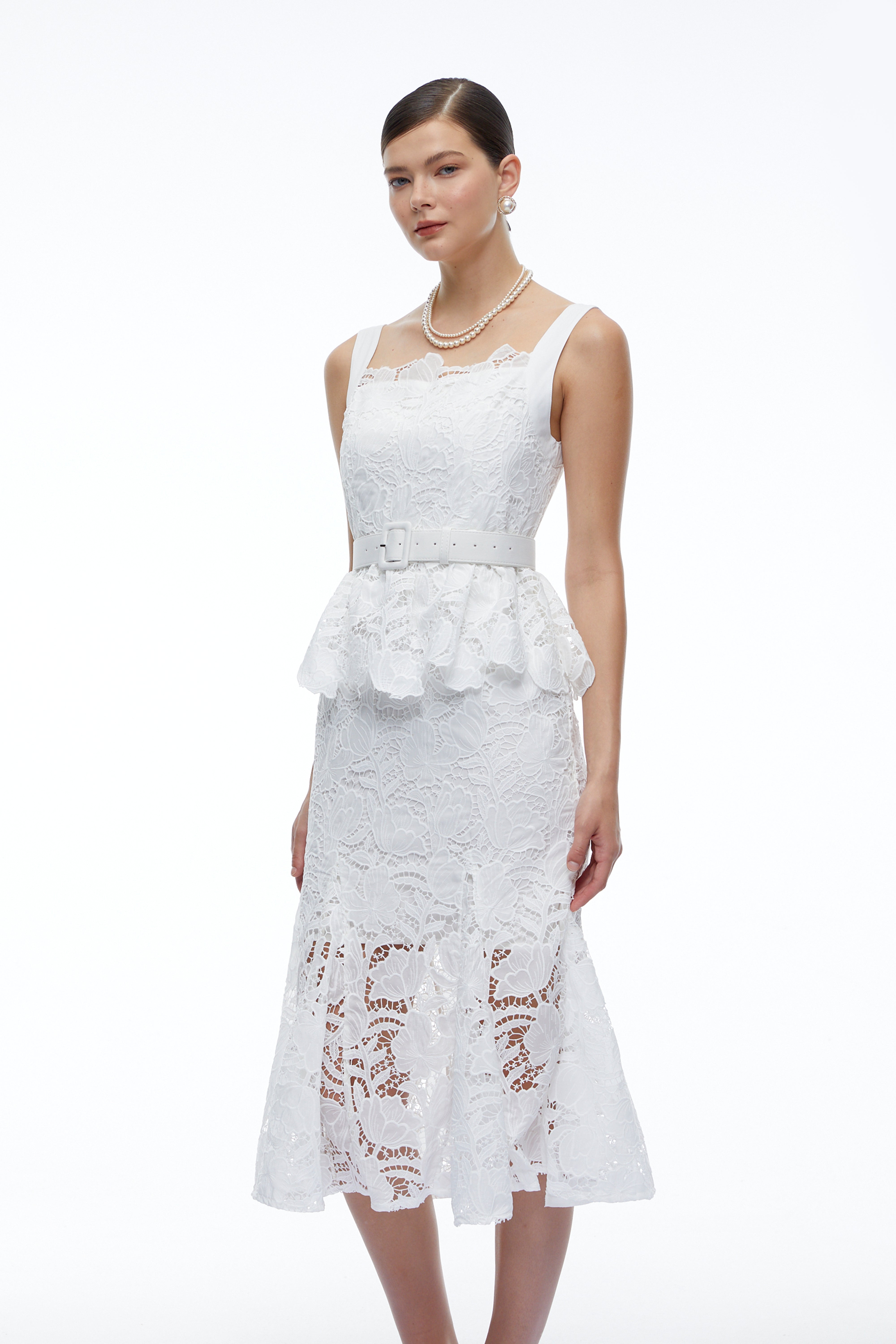 Leontine White Lace Peplum Midi Dress
