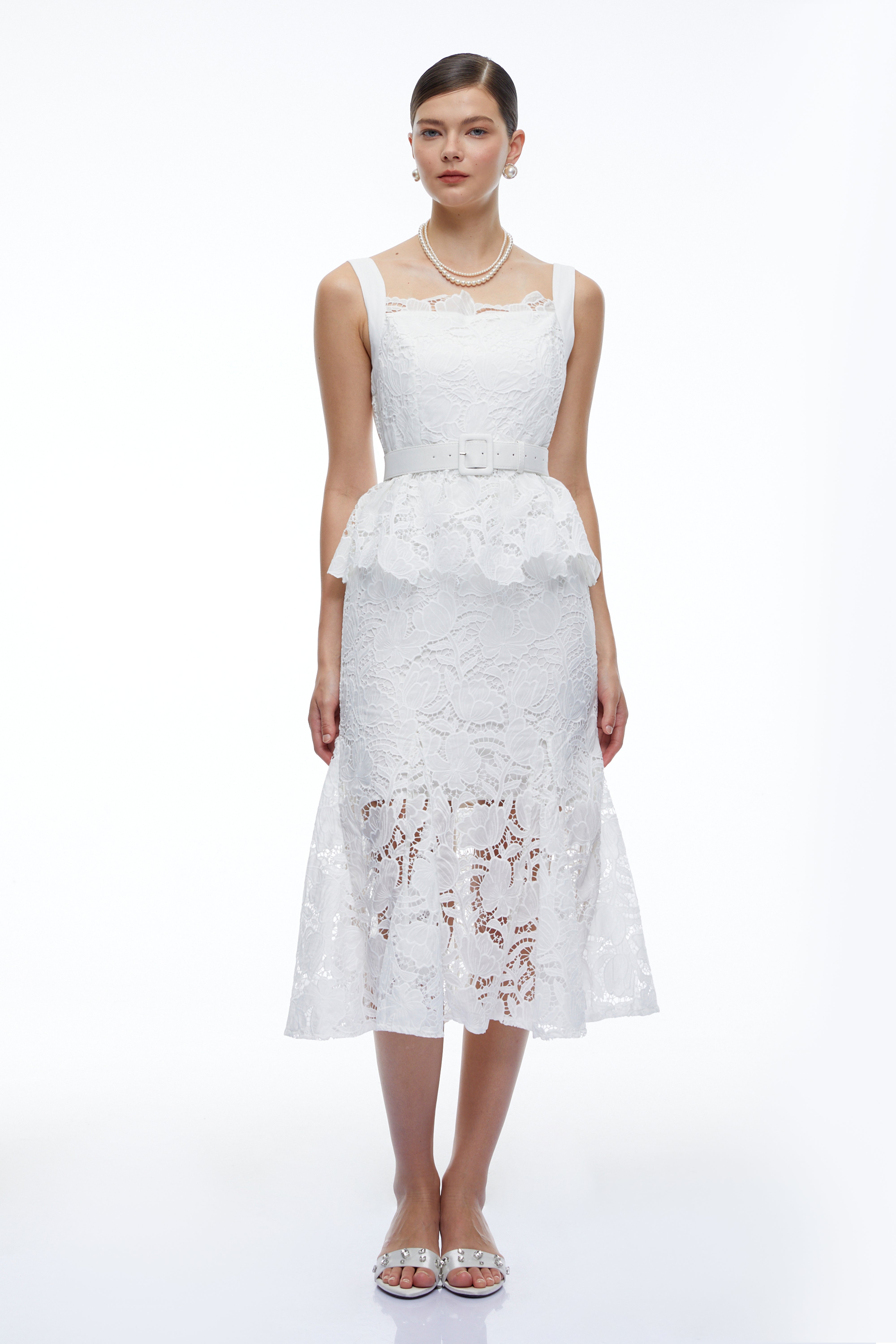 Leontine White Lace Peplum Midi Dress